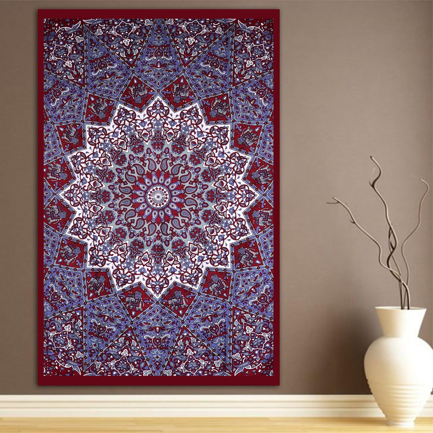 ModTradIndia-Maroon Mandala Indian Tapestry, Hippie Wall Hanging, Bohemian Bedspread, Mandala Cotton Dorm Decor Beach Blanket