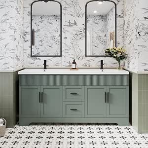 eclife 72-Inch Bathroom Vanity with Double Sinks, Drawers, and Matte Black Faucets, Gray Green