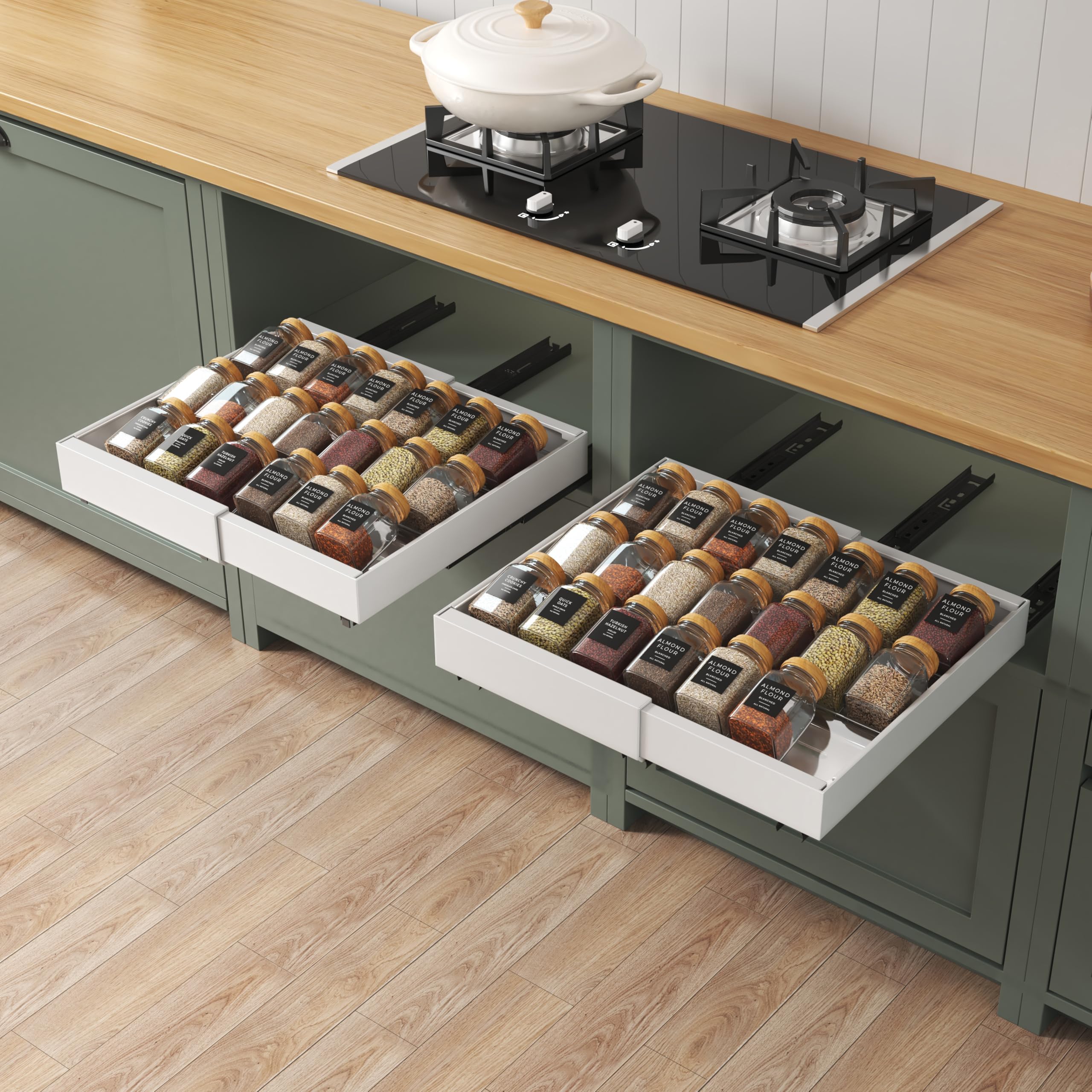 NETEL 2-Pack Pull Out Cabinet Organiser, Slide Out Drawers for Kitchen Cabinets, 32cm-52cm Extendable Stick On Pull Out Cabinet Organiser with Spice Drawer Organiser 12 Pieces,Pull Out Kitchen Storage