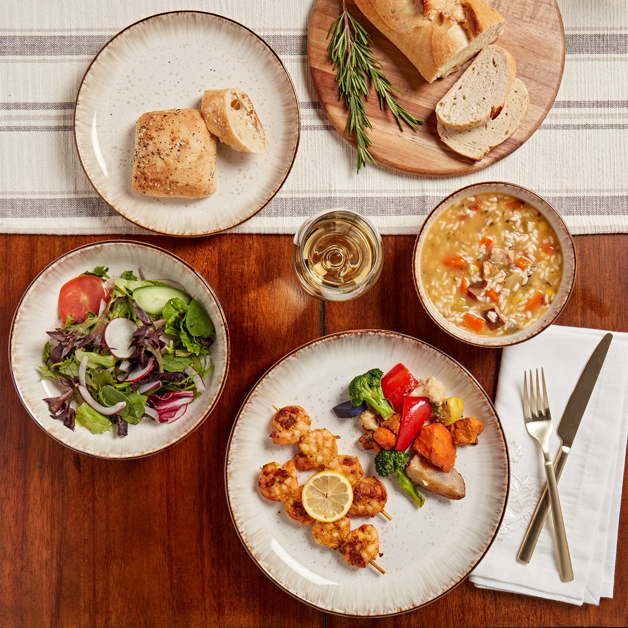 Tabletops Gallery Speckled Farmhouse Collection - Servicio de platos de gres para 4 cenas, ensaladas, aperitivos, postres, platos de postre, juego de vajilla Jura en relieve de 16 piezas en color