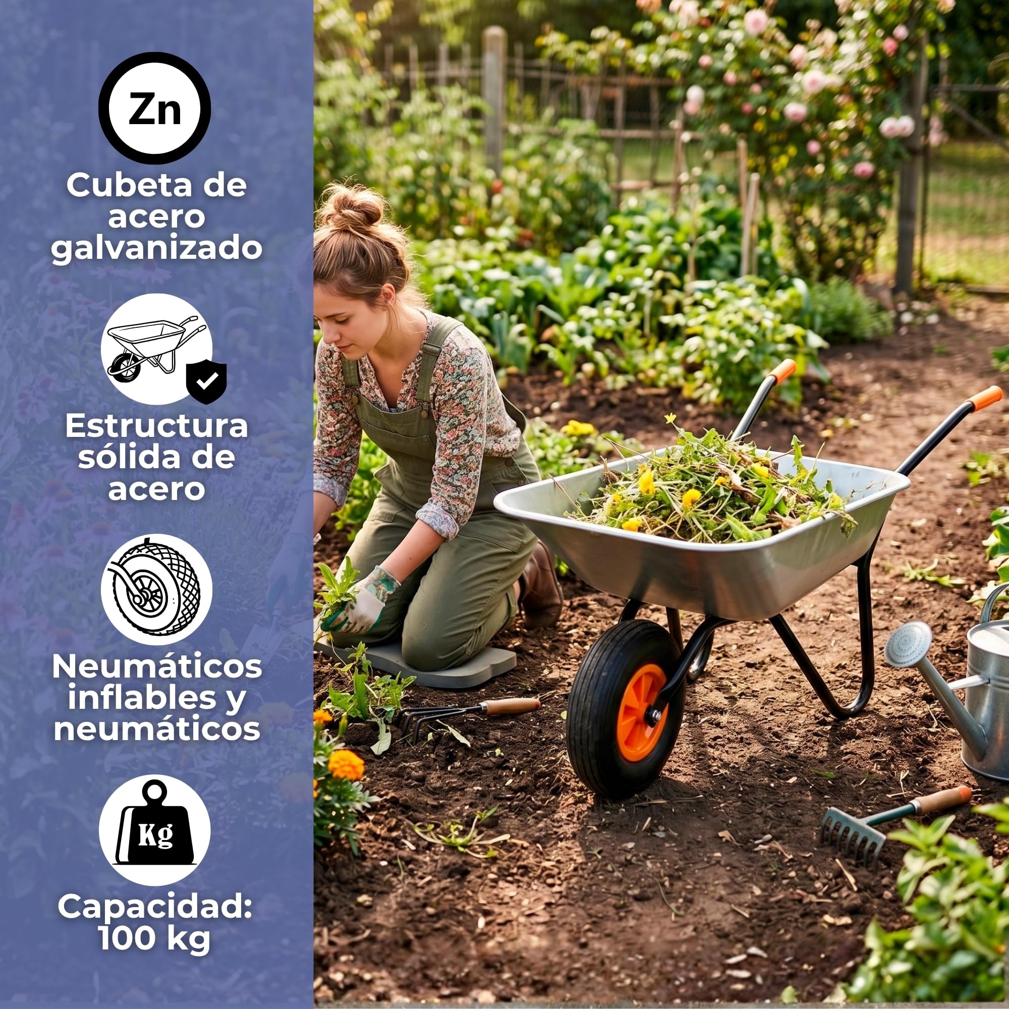 Springos Carretilla de 120 l con neumáticos de aire y bandeja de acero galvanizado, capacidad de carga de hasta 100 kg, para jardín, construcción, patio, taller, color plateado y naranja