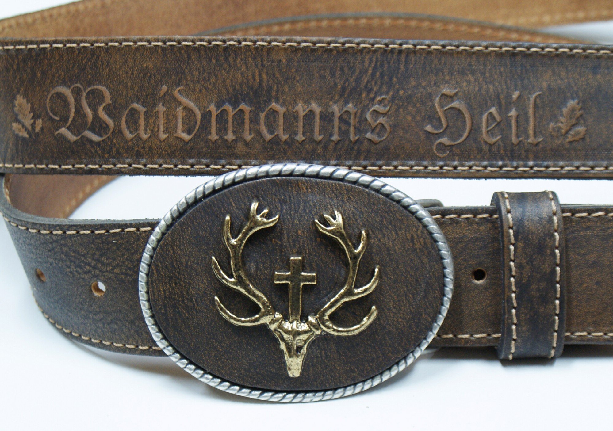 Trachtengürtel Hirsch echt vergoldet Herren Trachten-Gürtel für Lederhose Ledergürtel echt Leder braun mit Patina Handarbeit Made in Austria Unikat Hirschkopf Jagd Jäger