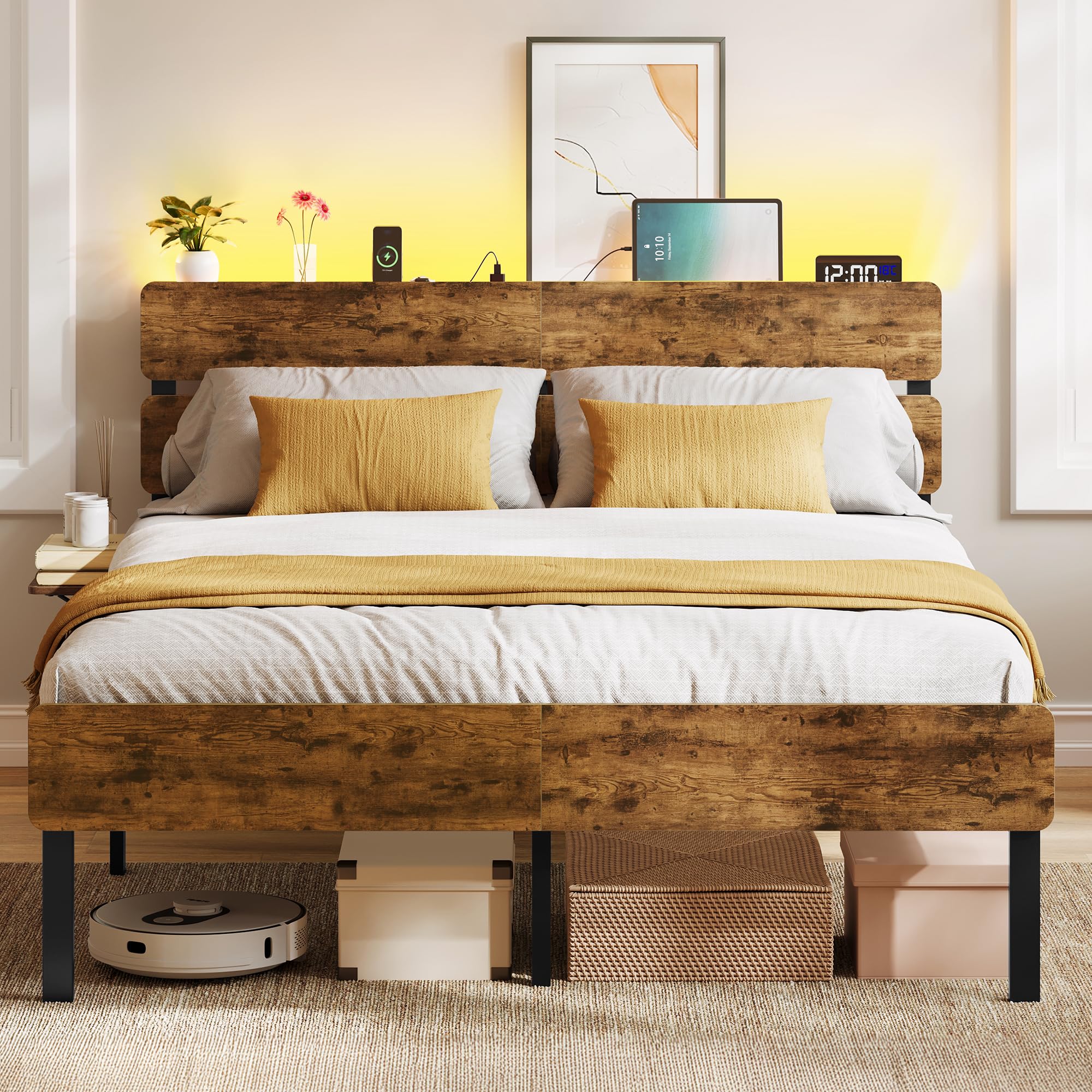 VASAGLE Double Bed Frame with Storage Headboard, LED Lights and USB Ports โ image 1