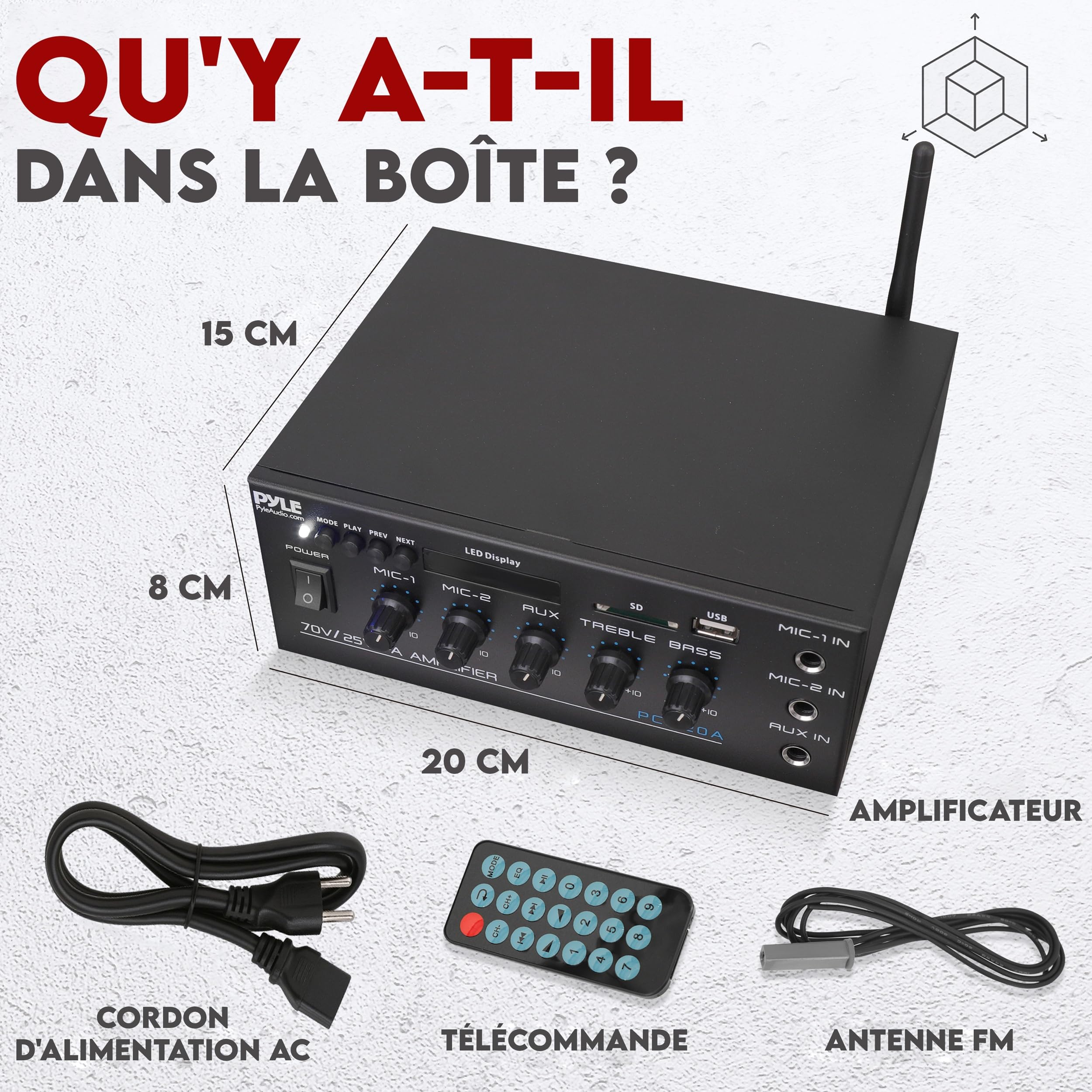 Pyle – Amplificateur Audio Compact 40 W Bluetooth pour Maison et PA, Entrée AUX, 2 Entrées Micro avec Talkover, Sorties Haut-Parleurs 8 Ohms / 25 V / 70 V, Réglages Graves/Aigus