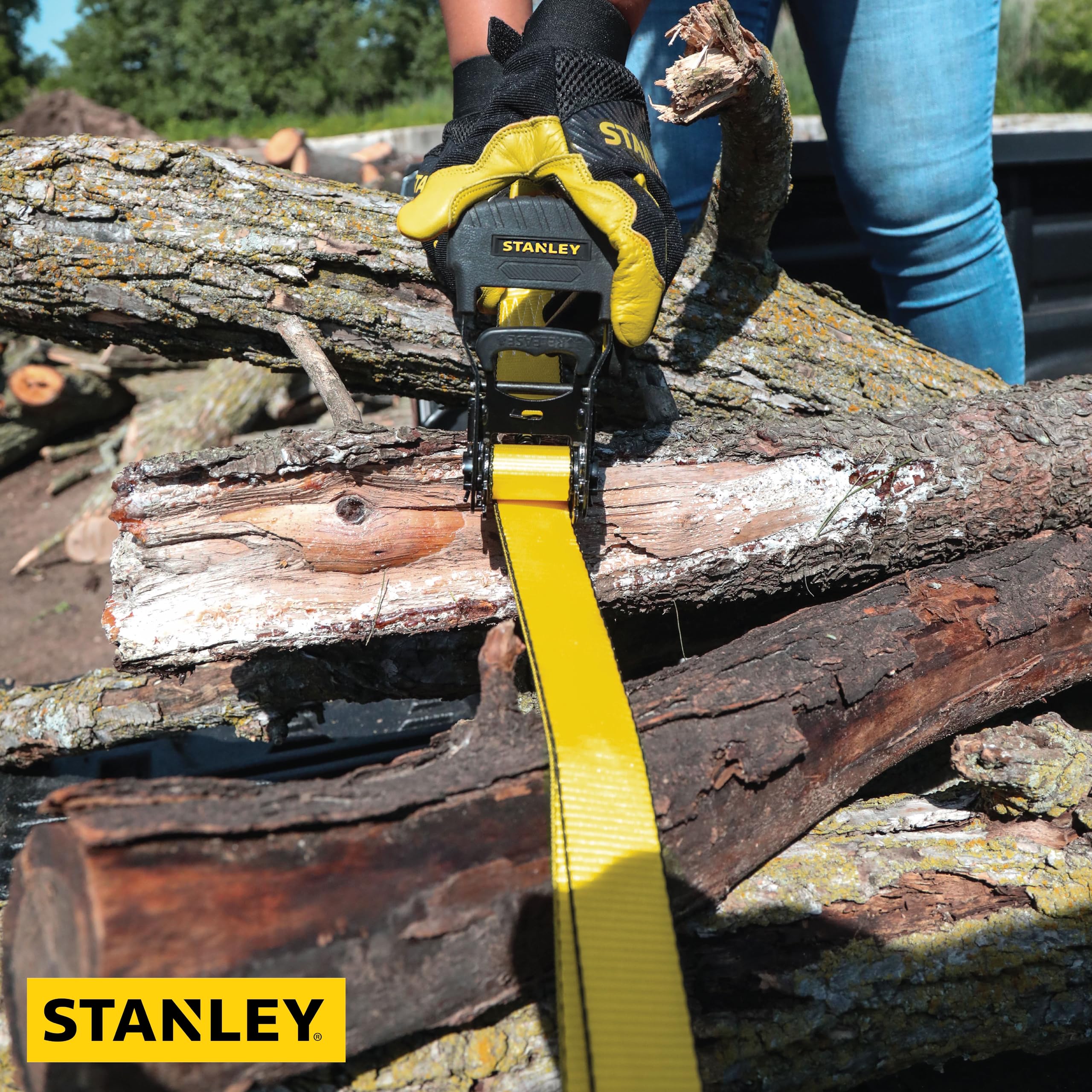 STANLEY S10074 Lot de 4 Sangles d'arrimage à cliquet 3,8 cm x 4,88 m - pour sécurisation de Charges Lourdes (résistance à la Rupture de 1 500 kg) – Noir/Jaune
