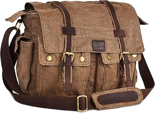 Vista 10 de Bolsa bandolera de hombro de lona LEATHER VILLAGE para hombres y mujeres – Elegante bandolera estilo mochila para oficina, viajes y uso diario