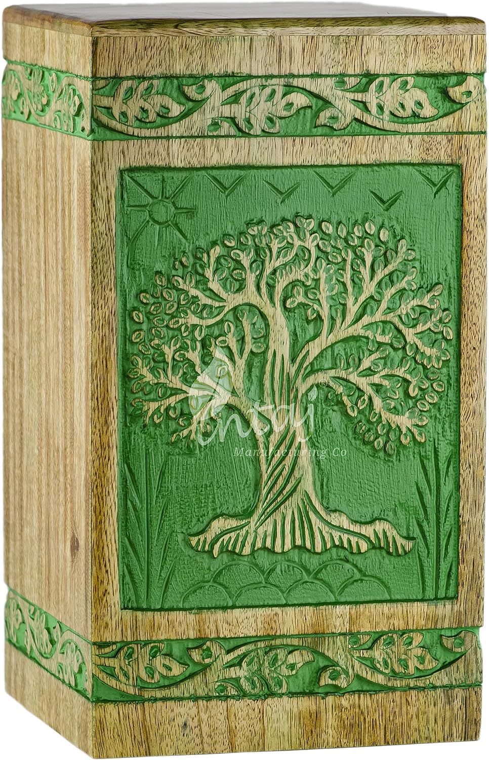 INTAJ Handmade Rosewood Urn for Human Ashes Adult Funeral Urn - Tree of Life Wooden Urn for Ashes Hand-Crafted - Funeral Cremation Urn for Pets (Keepsake (115 Cu/in), Fresh Green)
