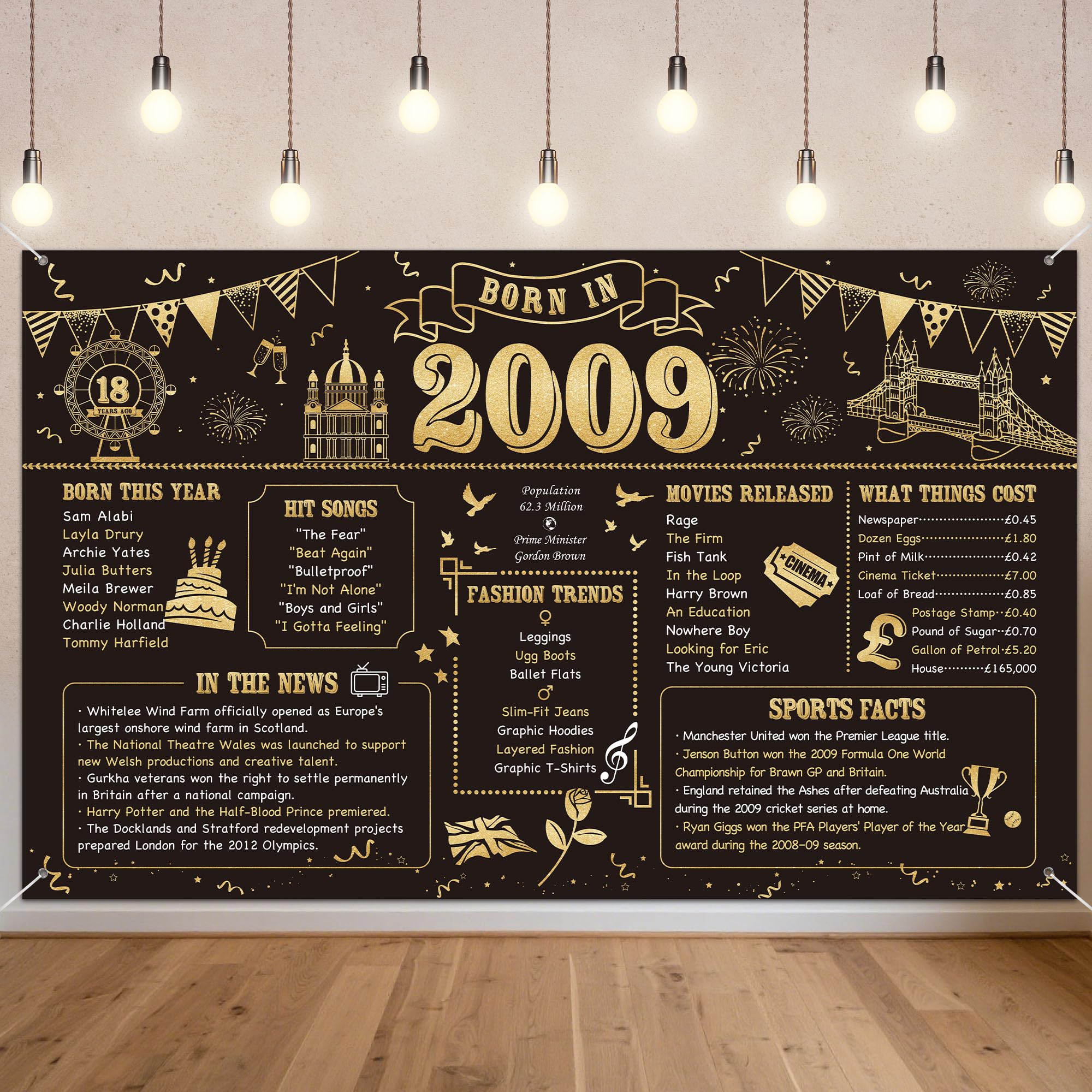 Benjia 18th Birthday Banner Decorations for Boy Girl, Born in 2009 UK Background Happy 18 Years Old Birthday Backdrop, Cheers to 18 Years Banners Black Gold Poster Bday Gift Home Decor Party Supplies
