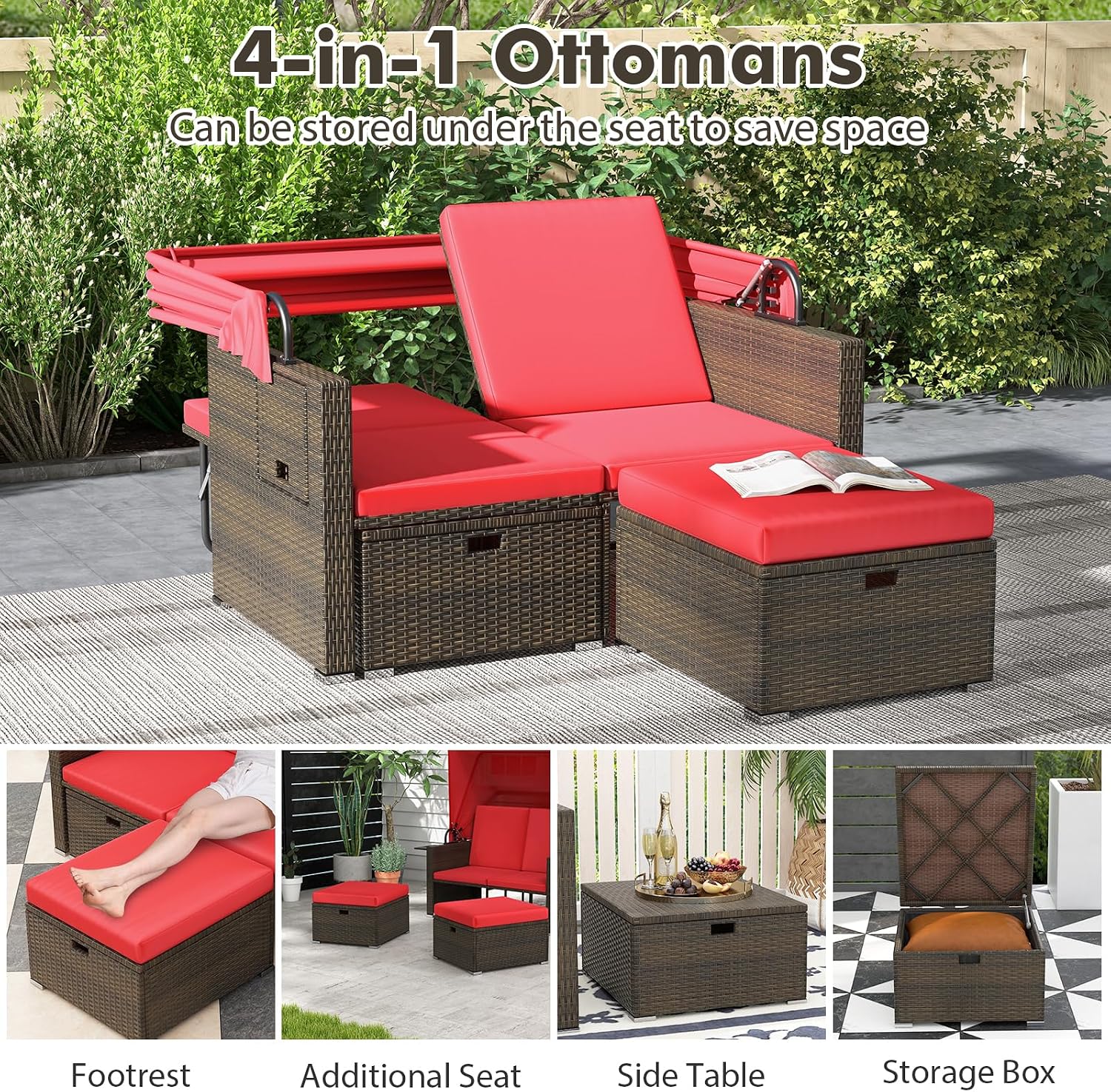 Moccha Outdoor Daybed with Retractable Canopy - Rattan Loveseat Sofa Set w/ Adjustable Backrests, 2 Folding Side Panels, Storage Ottomans, Double Bed Lounger for Garden Patio Furniture Set (Red)