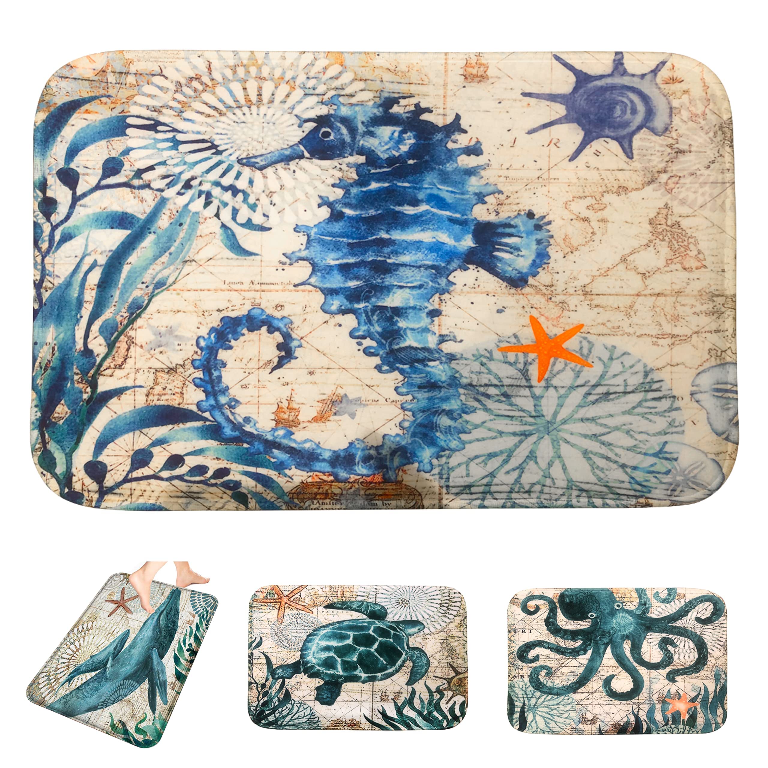 Adalex Global Sea Animals Bath Mat - 40x60cm Bathroom Mat Memory Foam- Non-Slip Cute Bath Mats for Toilet and Shower - Soft and Absorbent Bath Rug (Sea Horse)