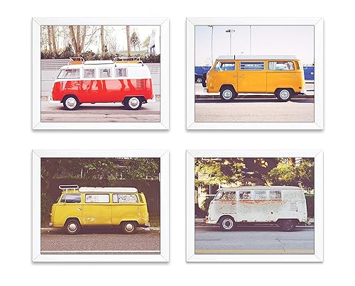 Antique Van Photography Photographic Prints, Set of 4, Unframed, Vintage Classic cars bus, hippie, peace, Art Decor Poster Sign, 8x10 Inches