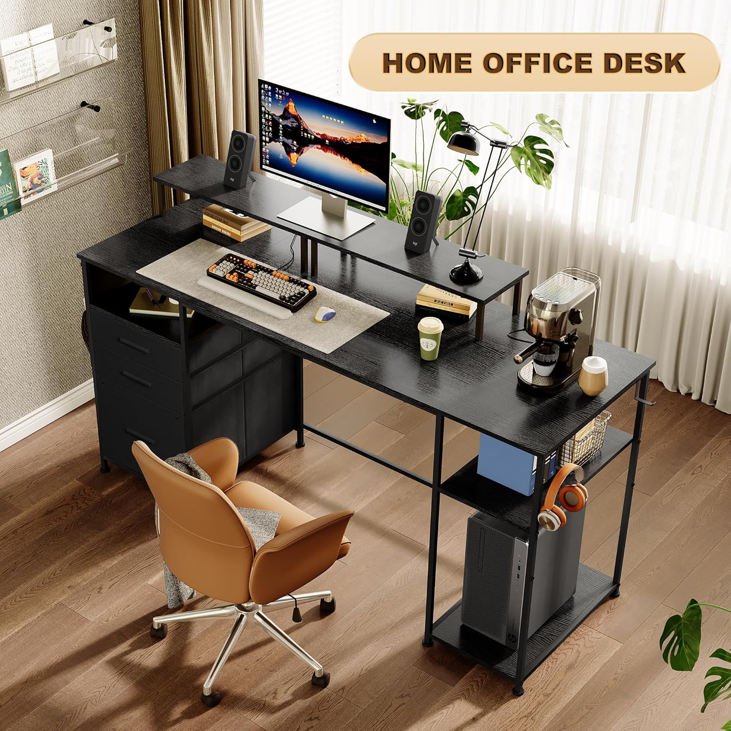 Computer Desk with 3 File Cabinet Drawers, 57.8'' Reversible Gaming Desk, Office Desk with Storage Shelves and Dual Monitor Stand for Home & Office (Black)