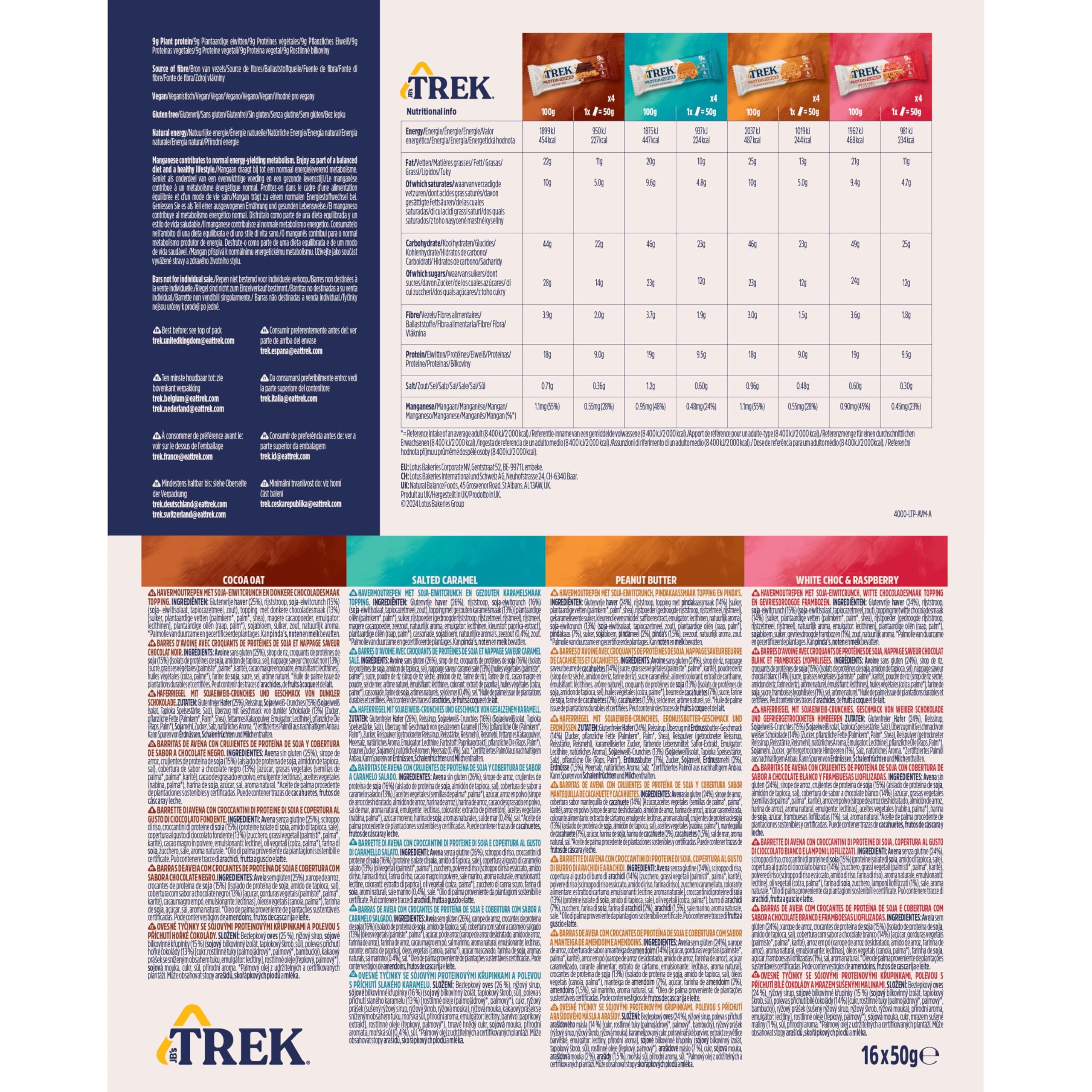 JB's TREK Barres d'Avoine Protéinées | Paquet Assortiment | Protéine Végétale | Sans Gluten | 16 x 50g Barres | 800g