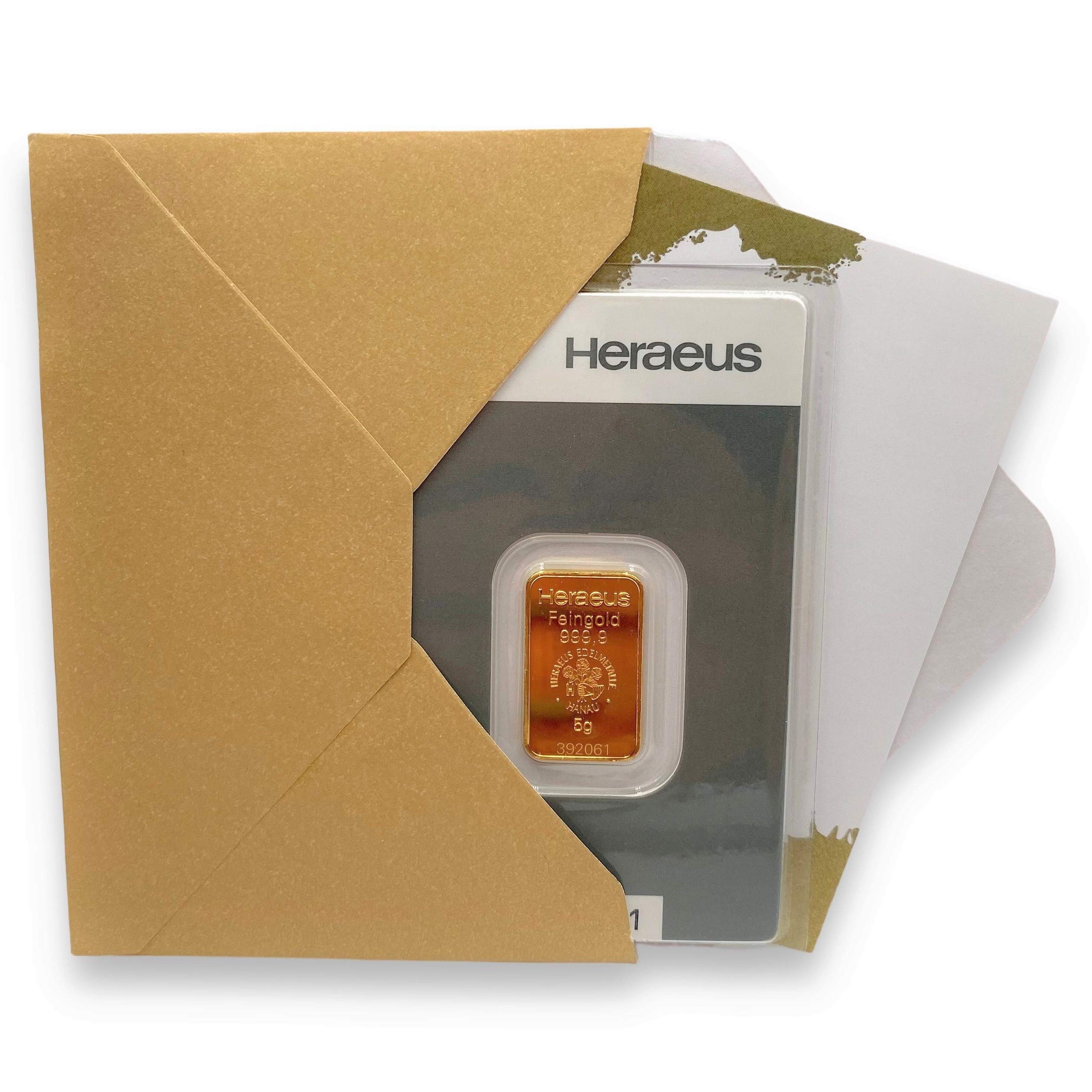 Gold zum Verschenken – Heraeus Goldbarren - Feingold - Anlagegold - verschiedene Größen wählbar - inkl. Geschenkverpackung, Grußkarte und Echtheitsgarantie (5g Gold)
