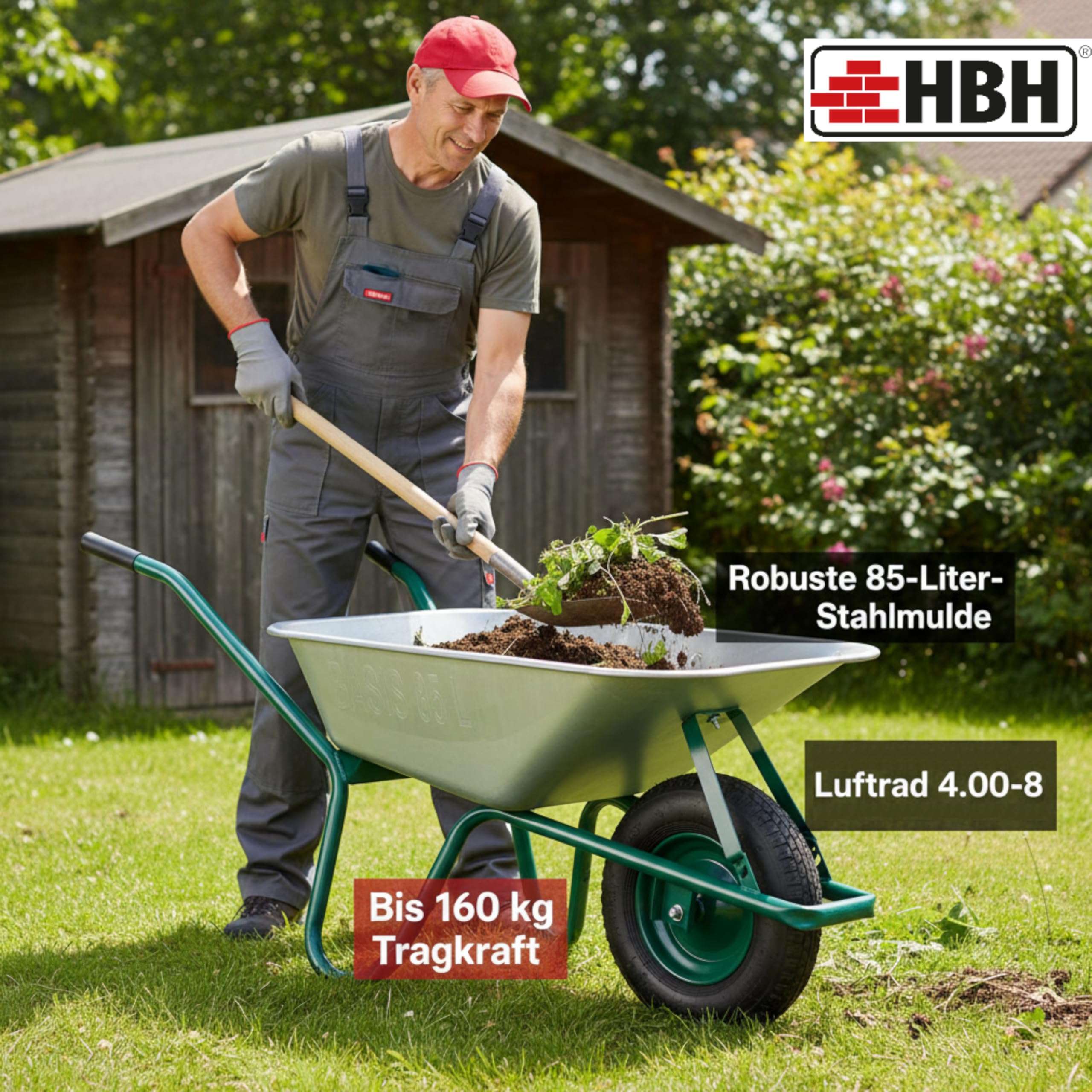 HBH Schubkarre 85 Liter Garten, grün | bis 160kg Tragkraft, Luftrad 4,00-8, Stahlfelge mit Kugellager, verzinkte Stahlmulde, mit Muldenstützbügel und Kippbügel