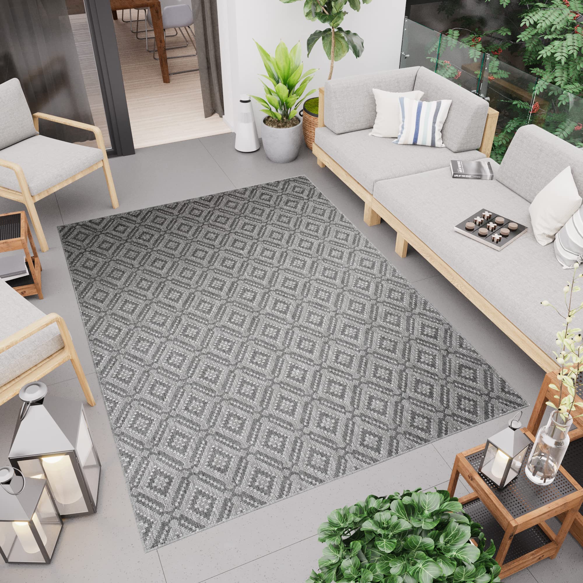 TAPISO Capri Alfombra Exterior Interior Salón Habitación Cocina Terazza Dormitorio Balcón Diseño Moderno Gris Oscuro Mosaico Resistente Alfombra de Pelo Corto 80 x 150 cm