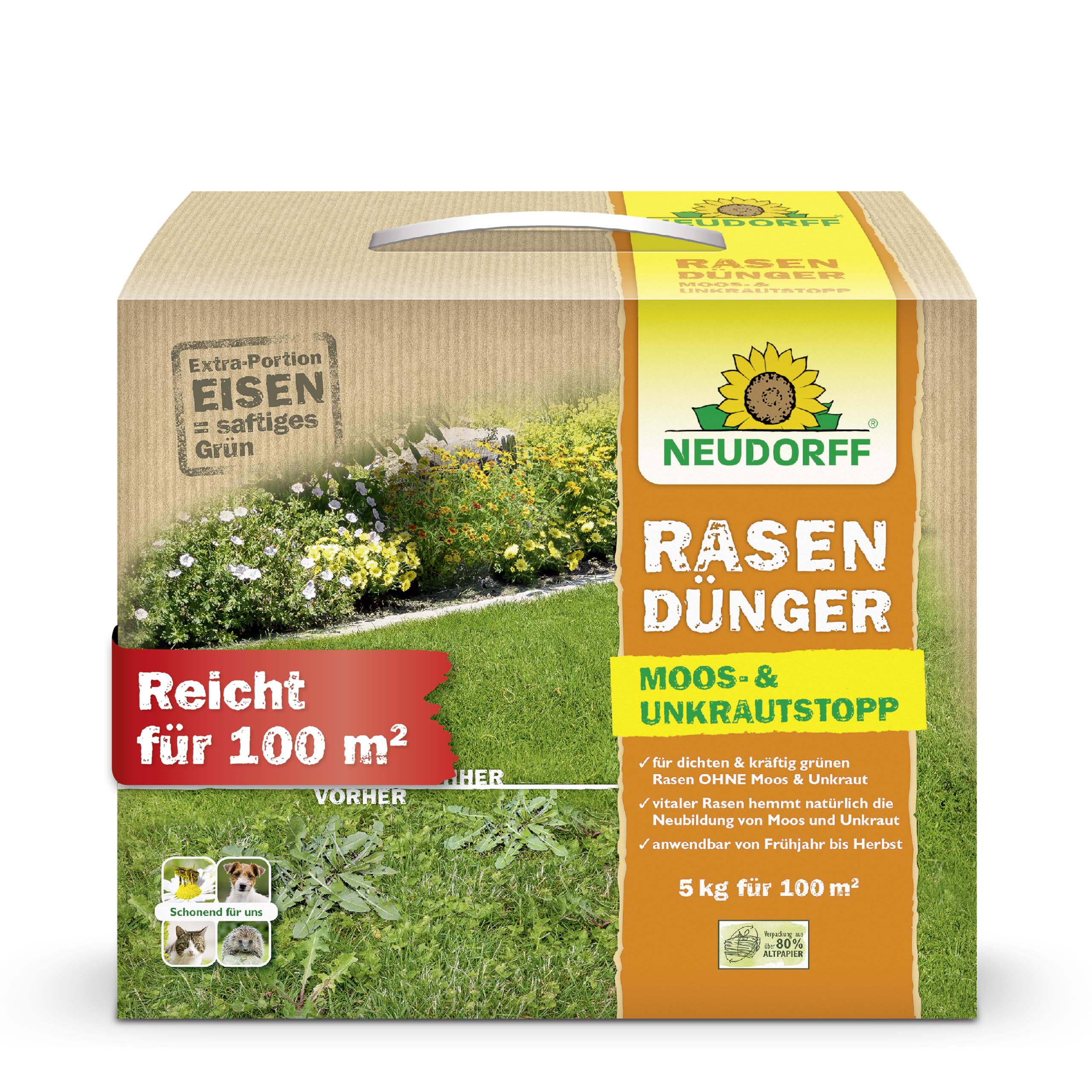 Neudorff RasenDünger Moos- und UnkrautStopp 5 kg für 100 m² mit Eisen und Kalium sorgt für einen dichten, grünen Rasen ohne Moos und Unkraut - schonend für Haustiere