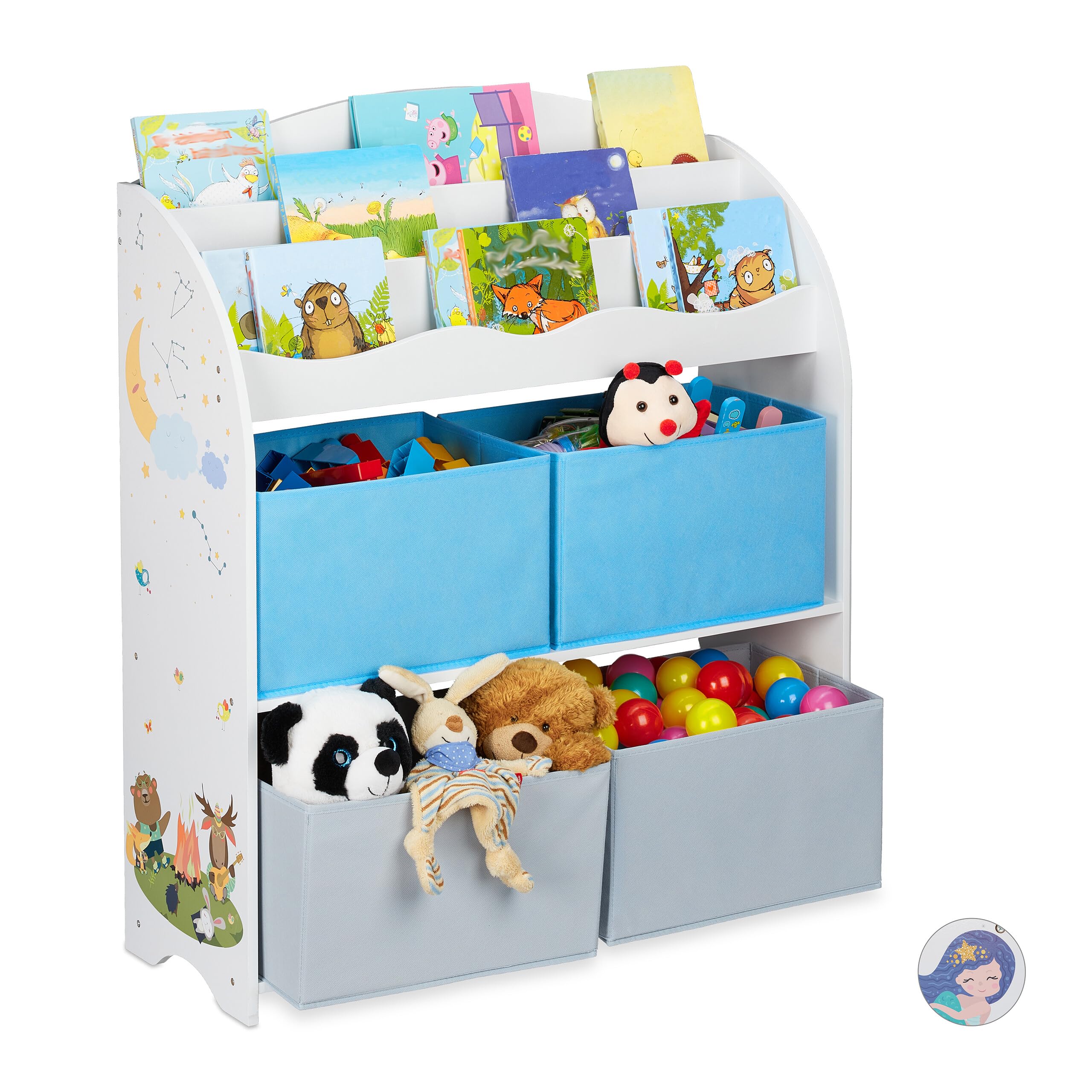 Relaxdays Estantería Infantil, 4 Cajas Tela, Mueble Juguetes, Librería Niños, 98 x 82,5 x 30 cm, Animales, Multicolor