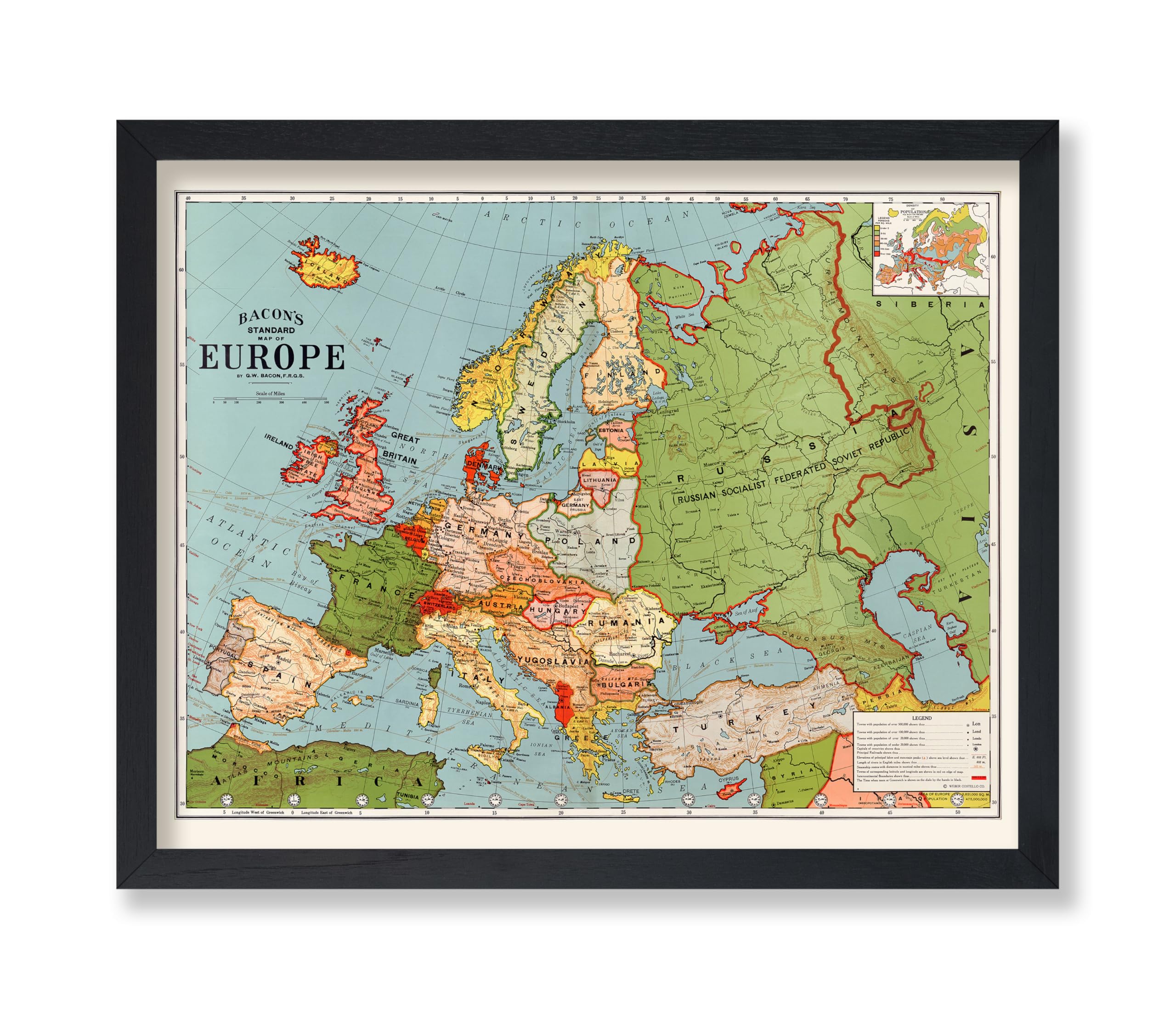 Poster Master Map Poster - Bacon's Standard Map Of Europe Print - Time Zones Art - Gift for Men, Women, Students & Teachers - Decor for Classroom, Library, Office or Dorm - 11x14 UNFRAMED Wall Art