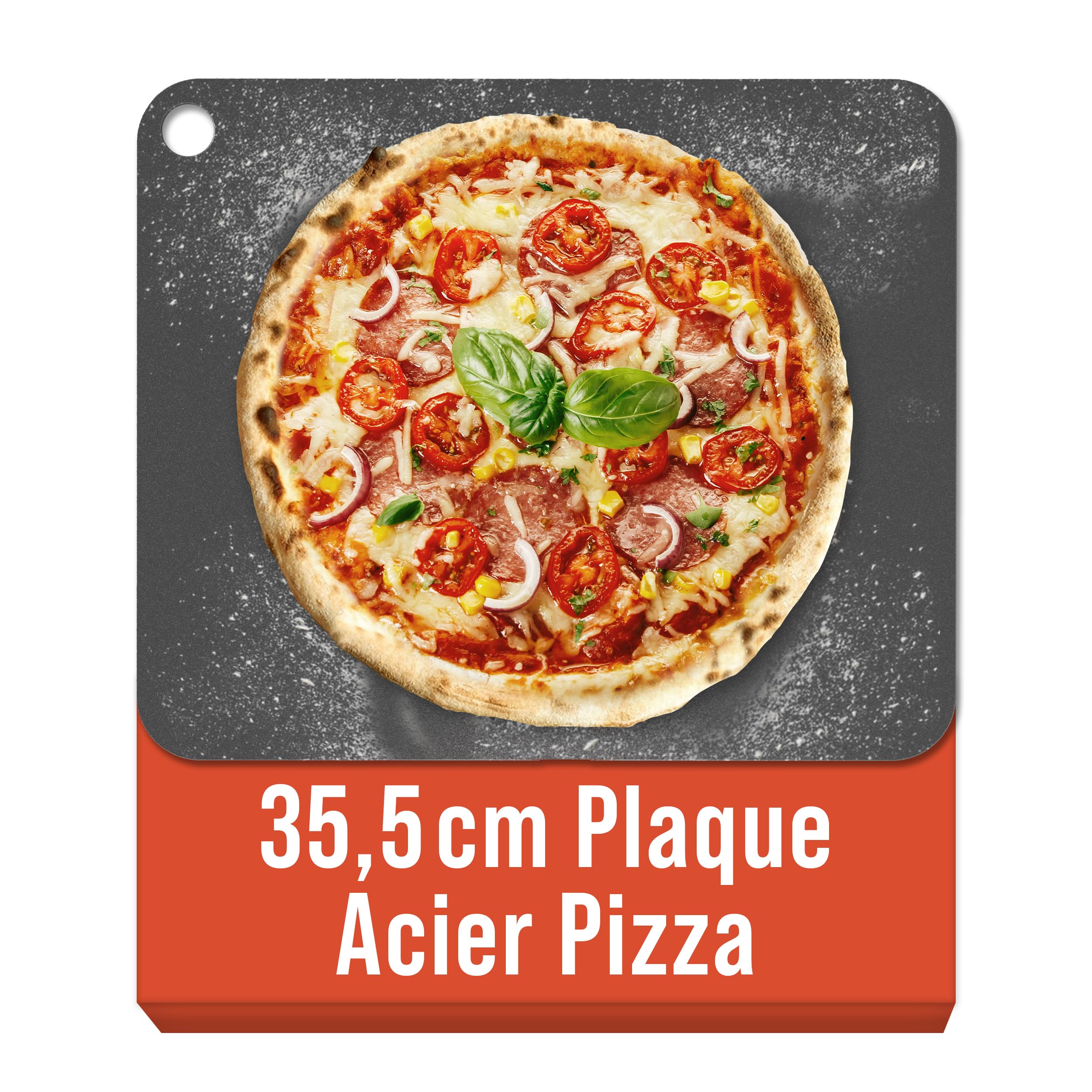 Chef Pomodoro Pierre à Pizza 35,6 x 30,5 cm (6,35 mm), Pierre Réfractaire Four, Pierres à Pizza, Cuisson, Pour Four, Acier, Avec Trous de Préhension, Idéal Pain et Pizza Maison