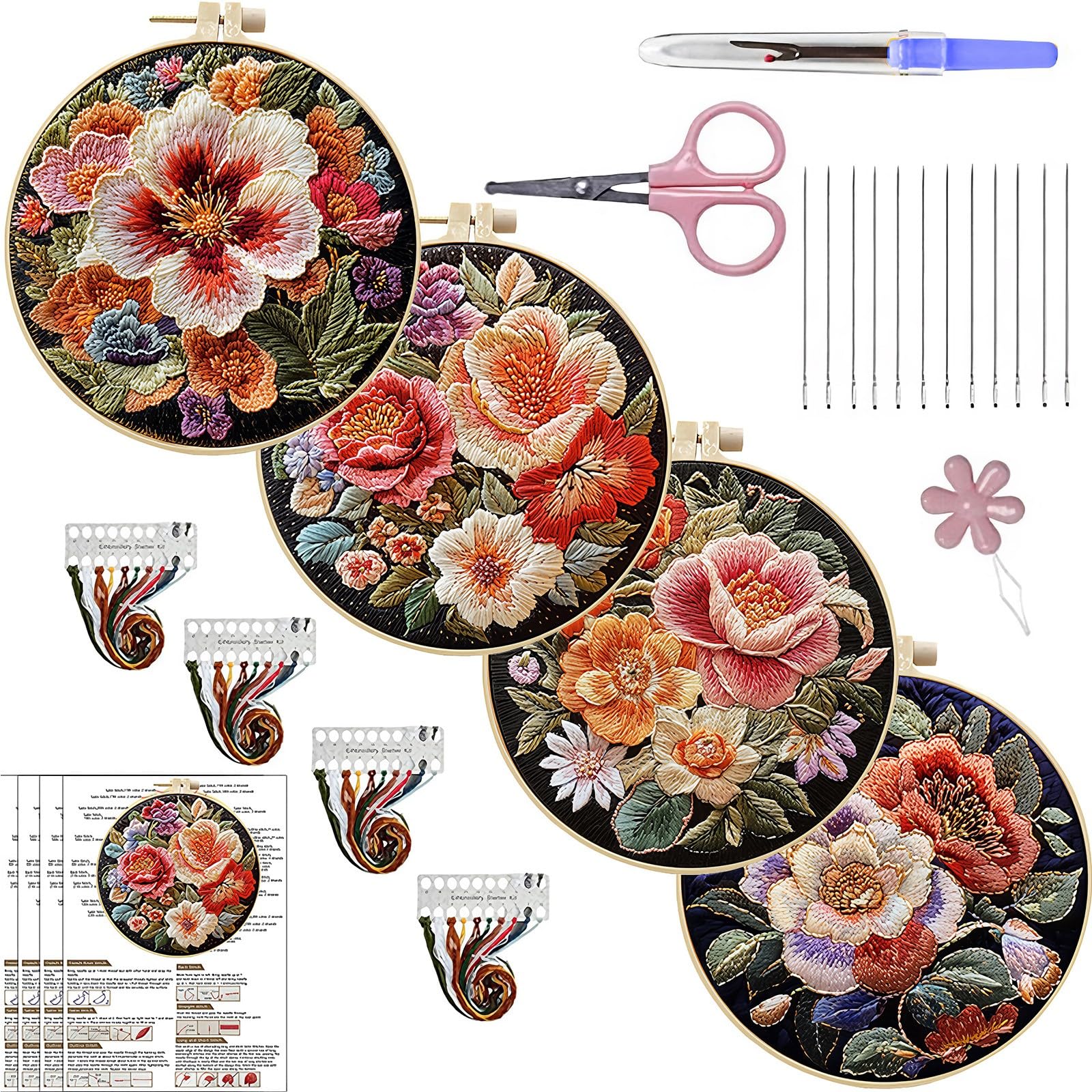 Lebartm 4Pcs Embroidery Kit for Beginners Cross Stitch Kits Needlepoint Set Colorful Flowers Patterns Embroidery Thread Kit for Craft Lover Hand Stitch with Hoop Threads Fabric-Flowers
