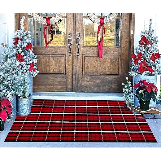Christmas Front Porch Rugs 24 x 51''Black Red Plaid Outdoor Rug Hand-Woven Washable Indoor/Outdoor Holiday Layered Door Mats for Entryway/Bedroom/Outdoor