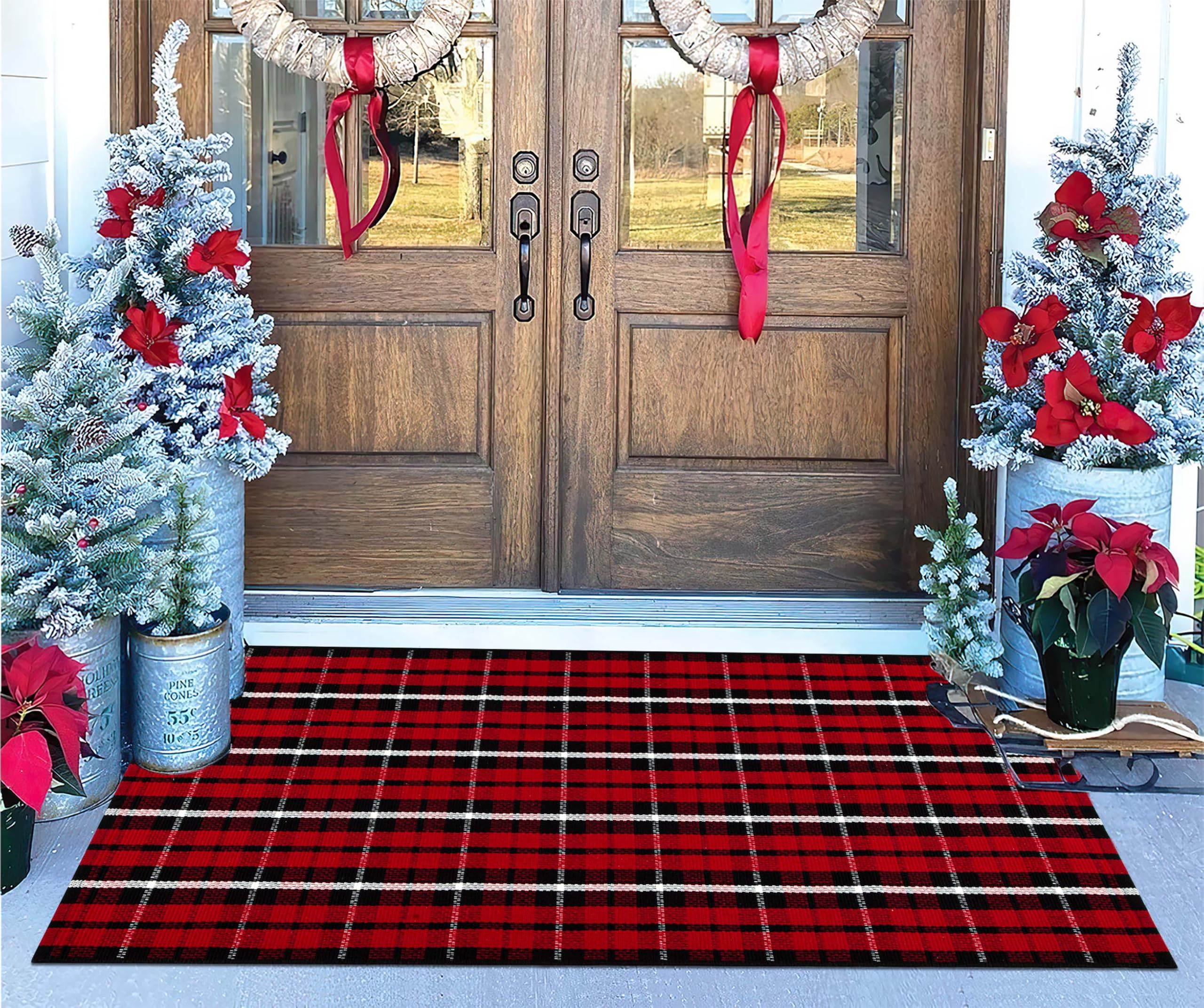 Christmas Front Porch Rugs 24 x 51''Black Red Plaid Outdoor Rug Hand-Woven Washable Indoor/Outdoor Holiday Layered Door Mats for Entryway/Bedroom/