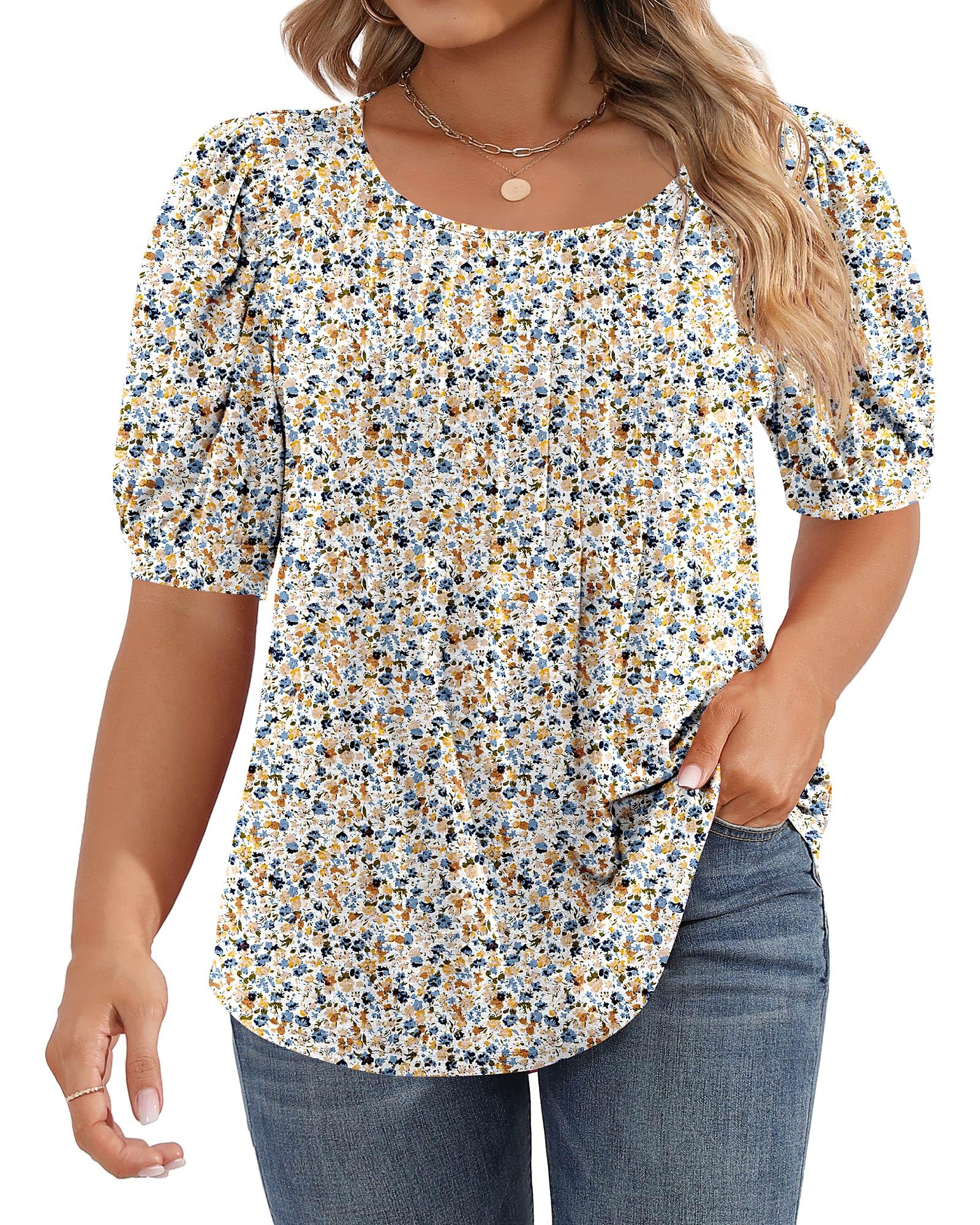 Ficerd Women's Plus Size Puff Short Sleeve Tunic Tops Crew Neck Pleated Blouses Summer Casual T Shirt Blouse 1X-5X