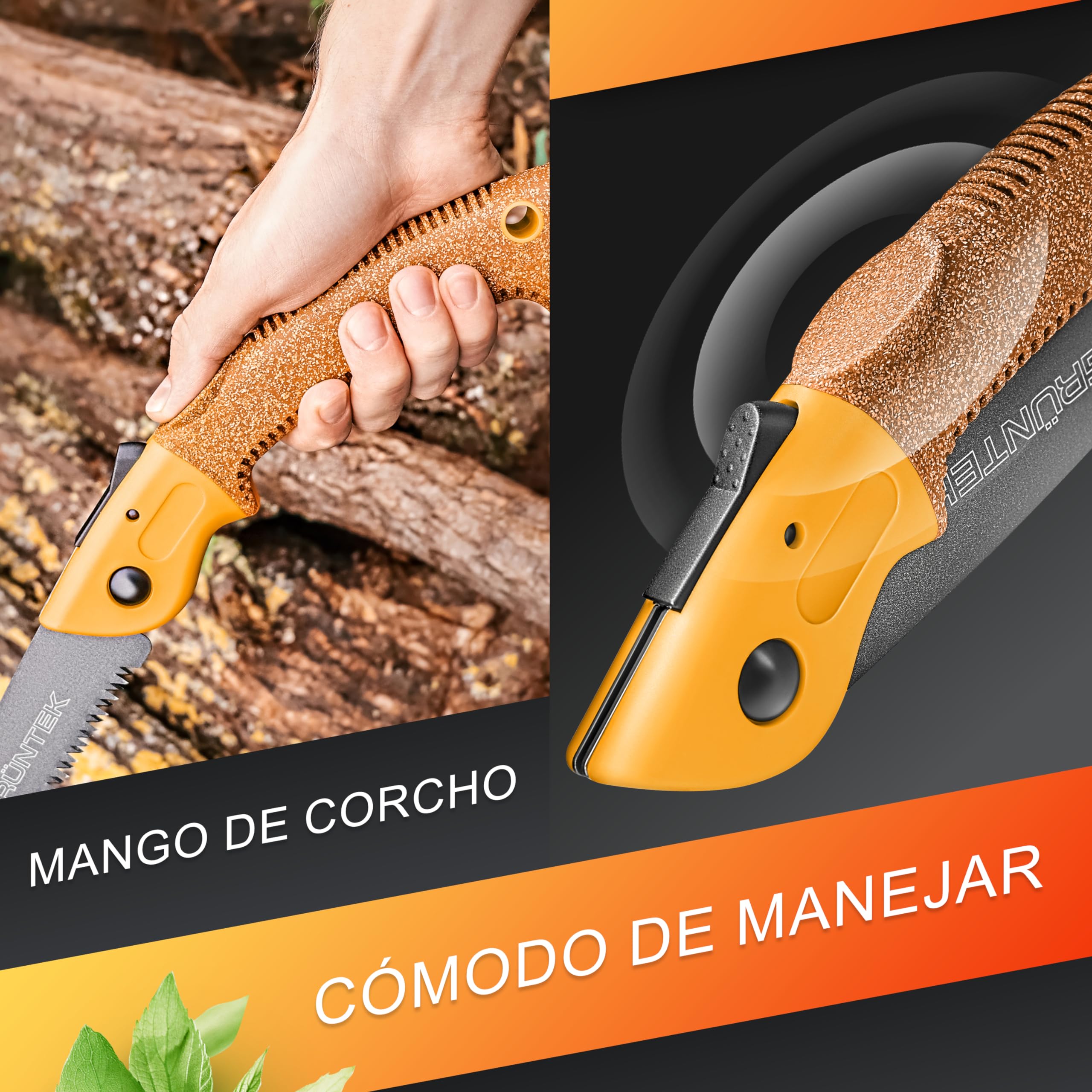 GRÜNTEK Sierra Plegable de Poda para jardinería 180 mm - Mango de corcho - Hoja de TEFLON y acero. Sierra para podar de camping y jardín