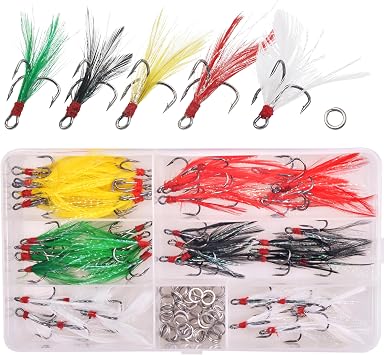 100pcs Fishing Treble Hook Kit, Round Bend Treble Hooks with Split Rings for Making Fishing Lure Spinner Spoon Crankbait