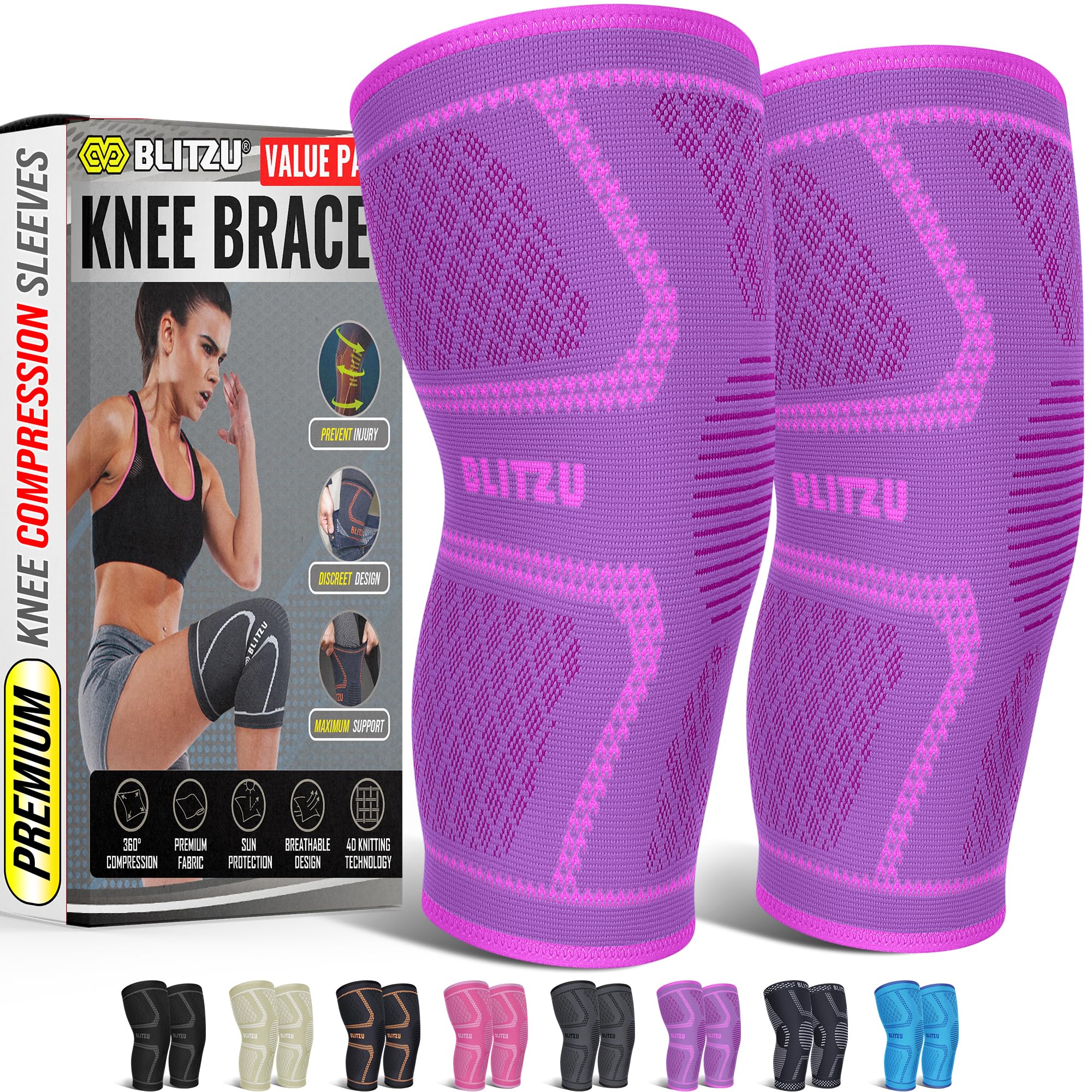 Knee Brace for Meniscus Tear 2 Pack, Knee Compression Sleeve for Men and Women, Knee Support for Arthritis, Swelling, Inflammation, ACL, Pain Relief, Running, Workout, Sports and Recovery Purple S