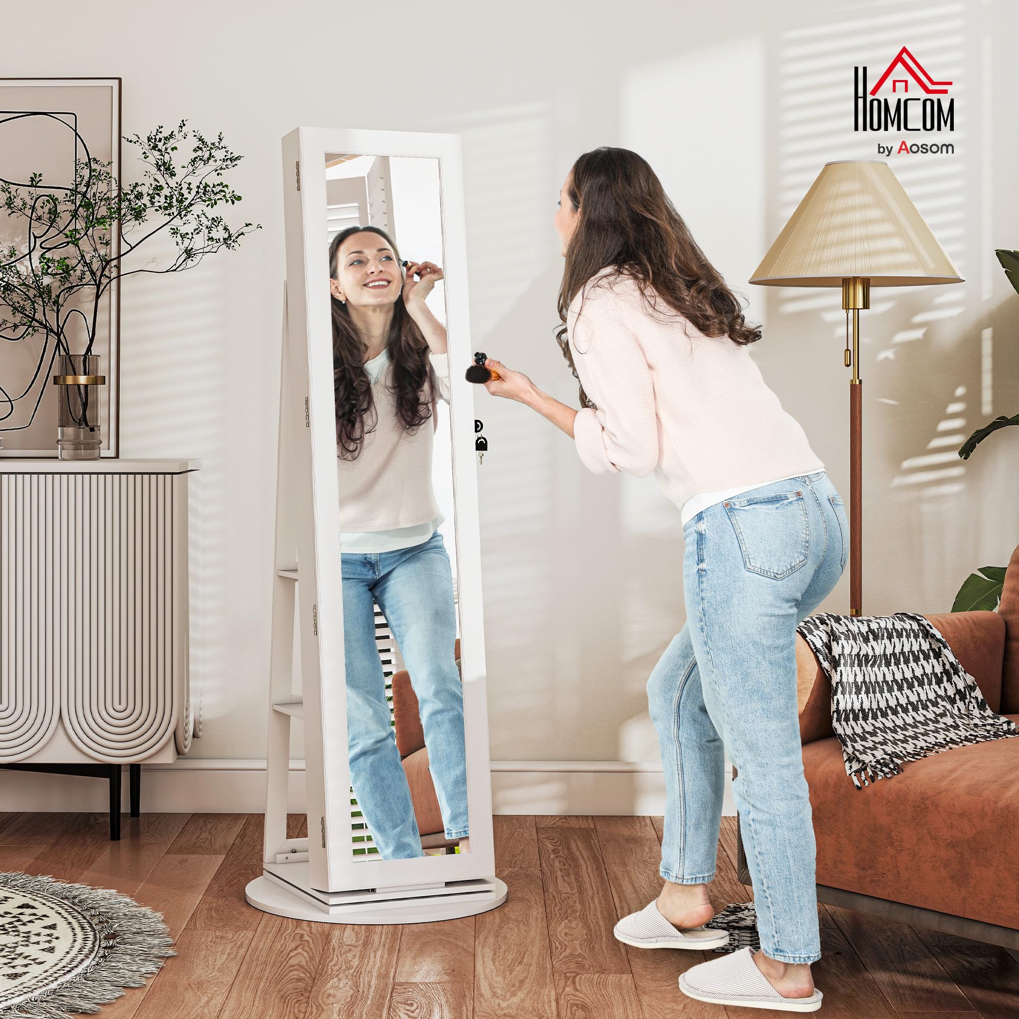 HOMCOM Specchio Portagioie Girevole a 360°, Armadietto Portagioie con Serratura con Chiave, Specchio a Figura Intera con 3 Ripiani sul Retro e 2 Cassetti, 55x55x161 cm, Bianco