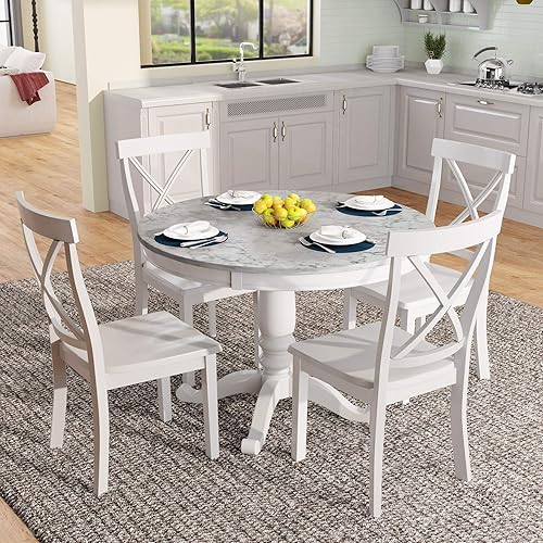 Harper & Bright Designs Juego de mesa de comedor – Juego de comedor redondo de 5 piezas con 4 sillas de madera Blanco,Azul antiguo,Blanco