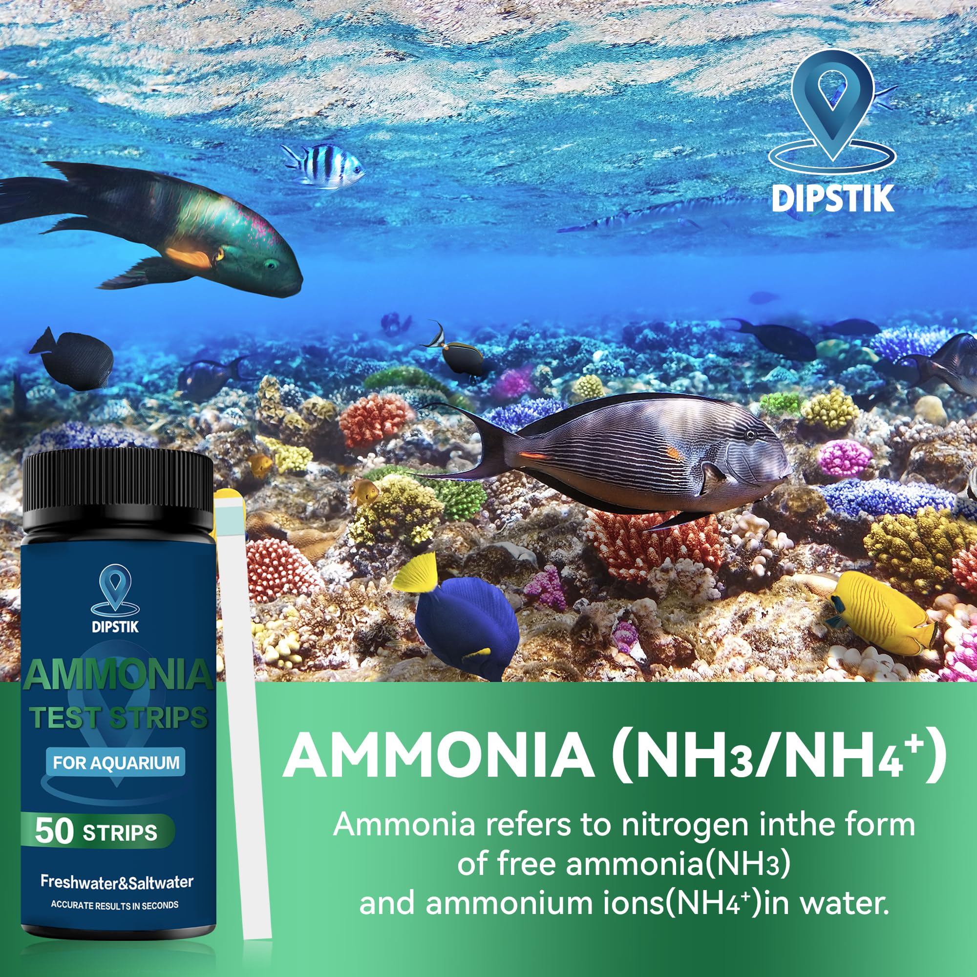 DIPSTIK Strisce reattive per ammoniaca per acquari, Kit per Il Test dell'Acqua di acquari d'Acqua Dolce e salata (50)