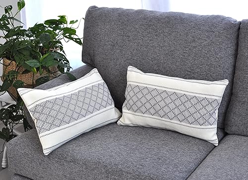 Miniatura 3 de Funda de almohada lumbar tejida de lujo, color gris/blanco roto, 12 x 20 pulgadas, funda de cojín para patio interior y exterior (una sola pieza),