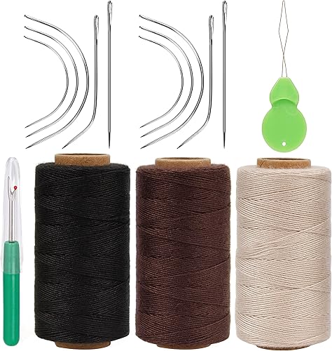 Miniatura 10 de Lusecarl Aguja e hilo para extensiones de cabello, 3 rollos de hilos de coser con 10 agujas de tapicería curvadas en forma de C J I para coser a