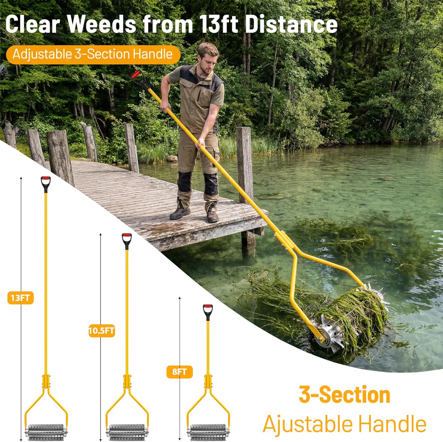 Pond Rake Roller, Lake Weed Remover, Aquatic Weed & Sludge Tiller, Stainless Steel Roller with 6 Blades & 13' Aluminum Handle for Pond, Lake, Beach and Shoreline Cleaning