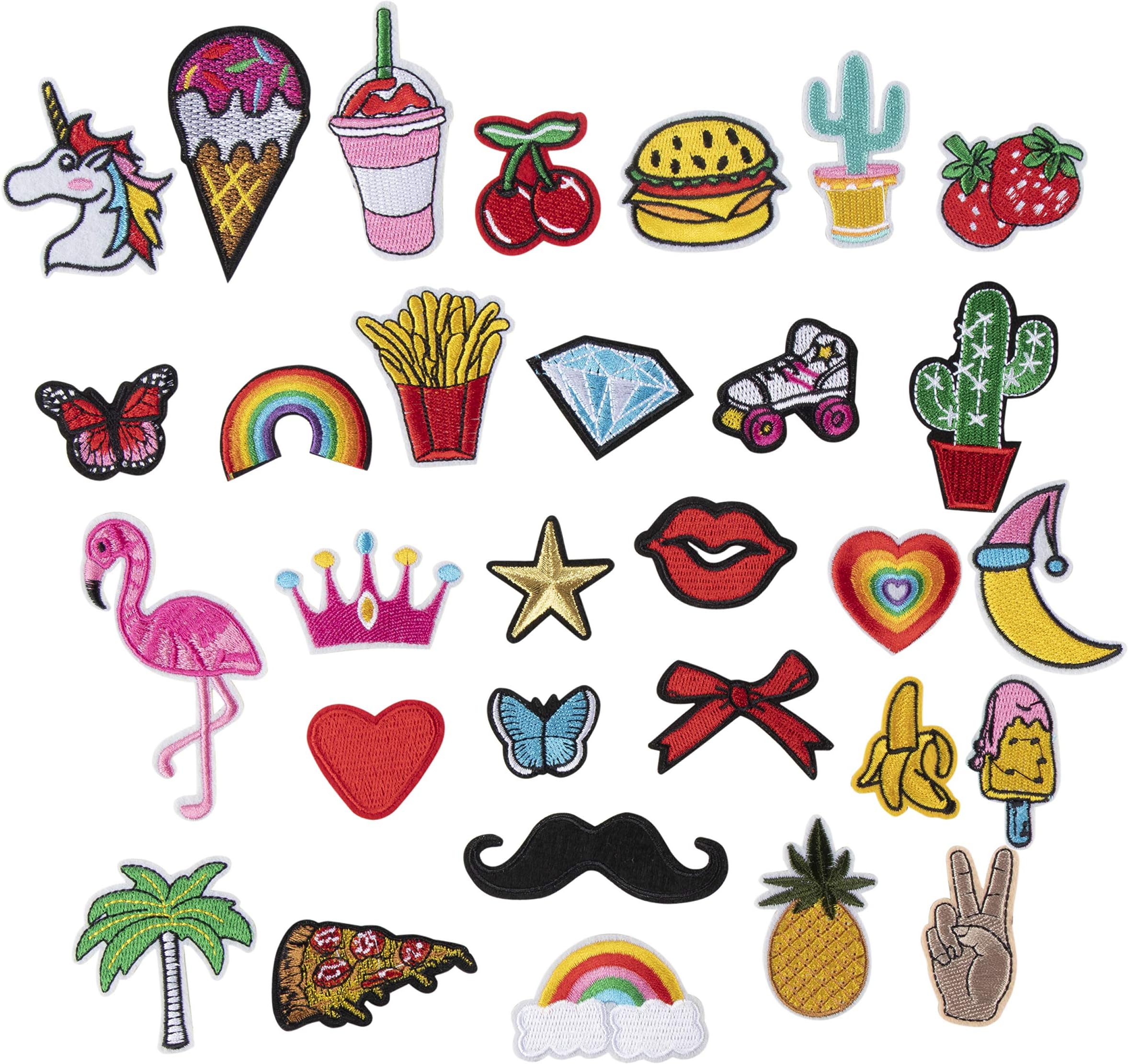 Assorted Iron On Patches for Clothing, Embroidering (30 Pieces)