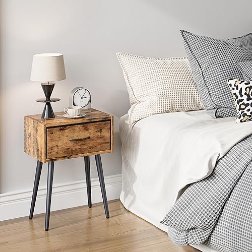 Miniatura 6 de Juego de 2 mesitas de noche pequeñas, mesita de noche con cajón de tela, mesa auxiliar idustrial con patas de metal, mesa auxiliar de sofá para