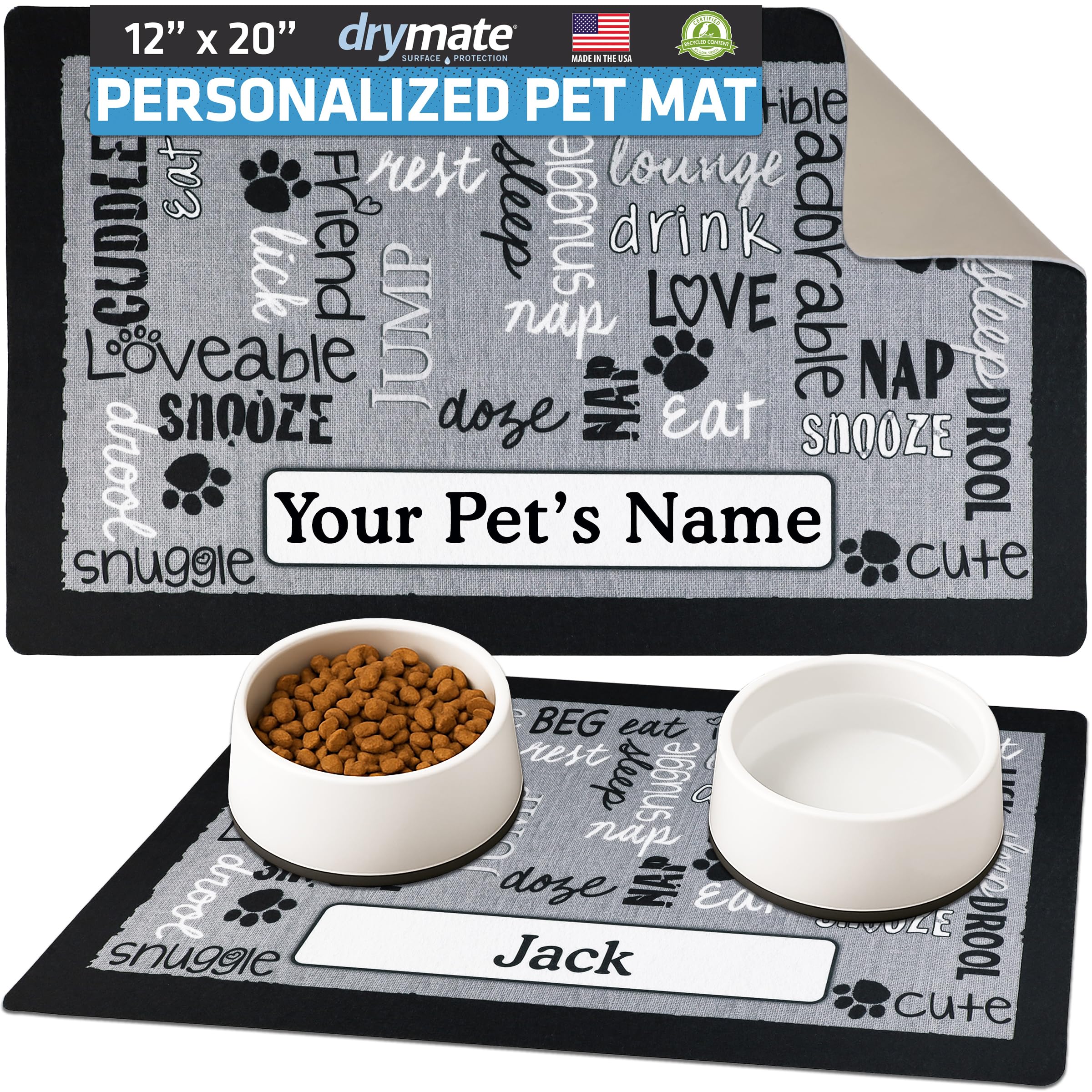 Personalized Pet Bowl Placemat, Custom Dog & Cat Food Feeding Mat - Absorbent Fabric, Waterproof Backing - Machine Washable/Durable (USA Made) (12" x 20") (Linen Black)