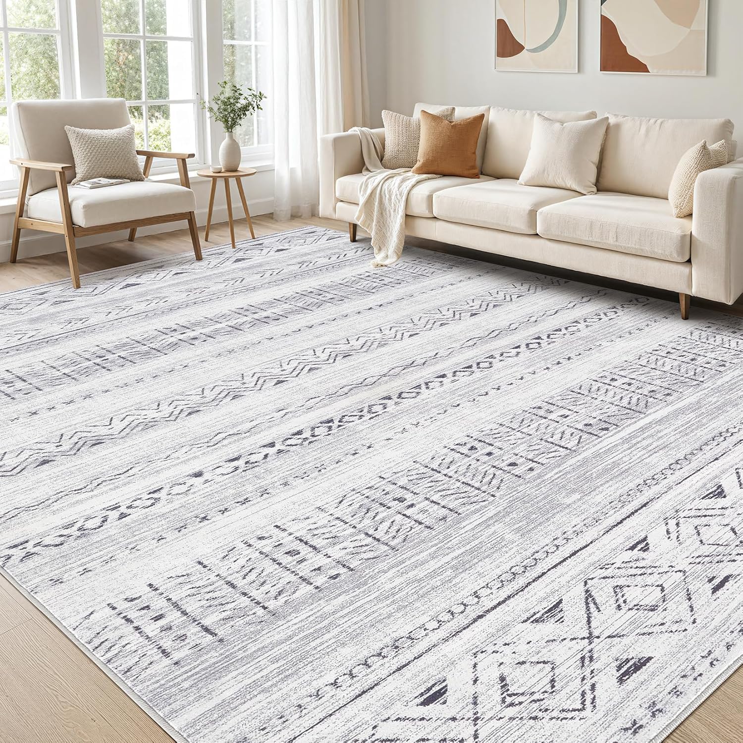 Tapis moderne géométrique beige grand format pour cuisine et salon
