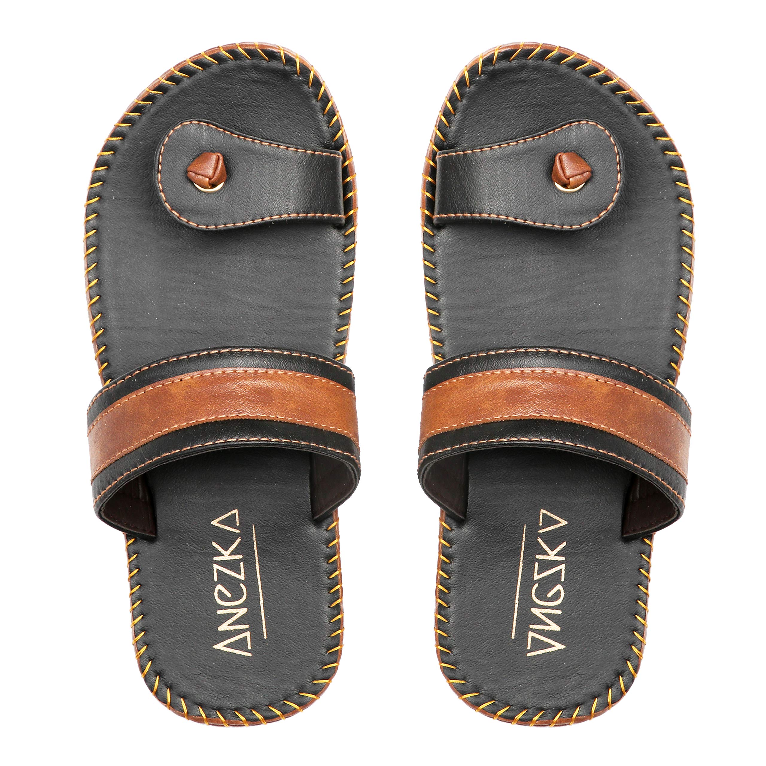 ANEZKA Slippers for Mens Synthetic Leather Slides Flips Flops Non Slip Black-9 UK