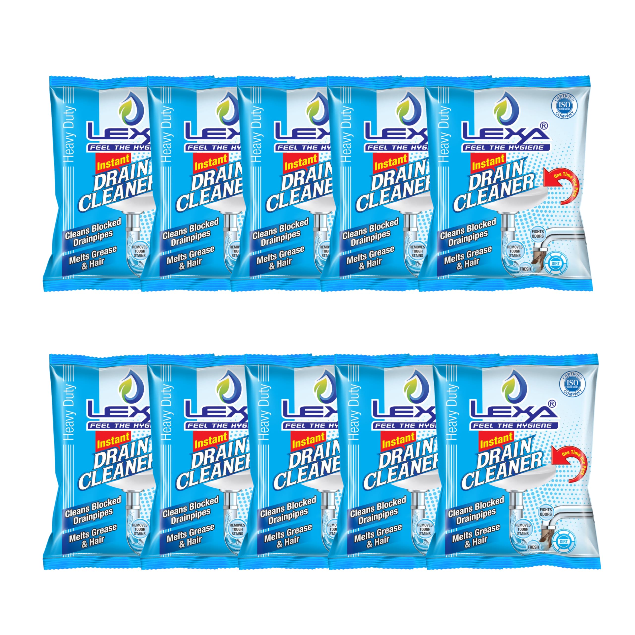 Lexa Instant Drainex Cleaner Powder, Drain Expart Heavy Cleans Blocked Drainpipes, Melts Grease & Hair, | Sinks Cleaner | Toilet Cleaner | Wash Basin | ISO Marked | (50g X 10 Pack)