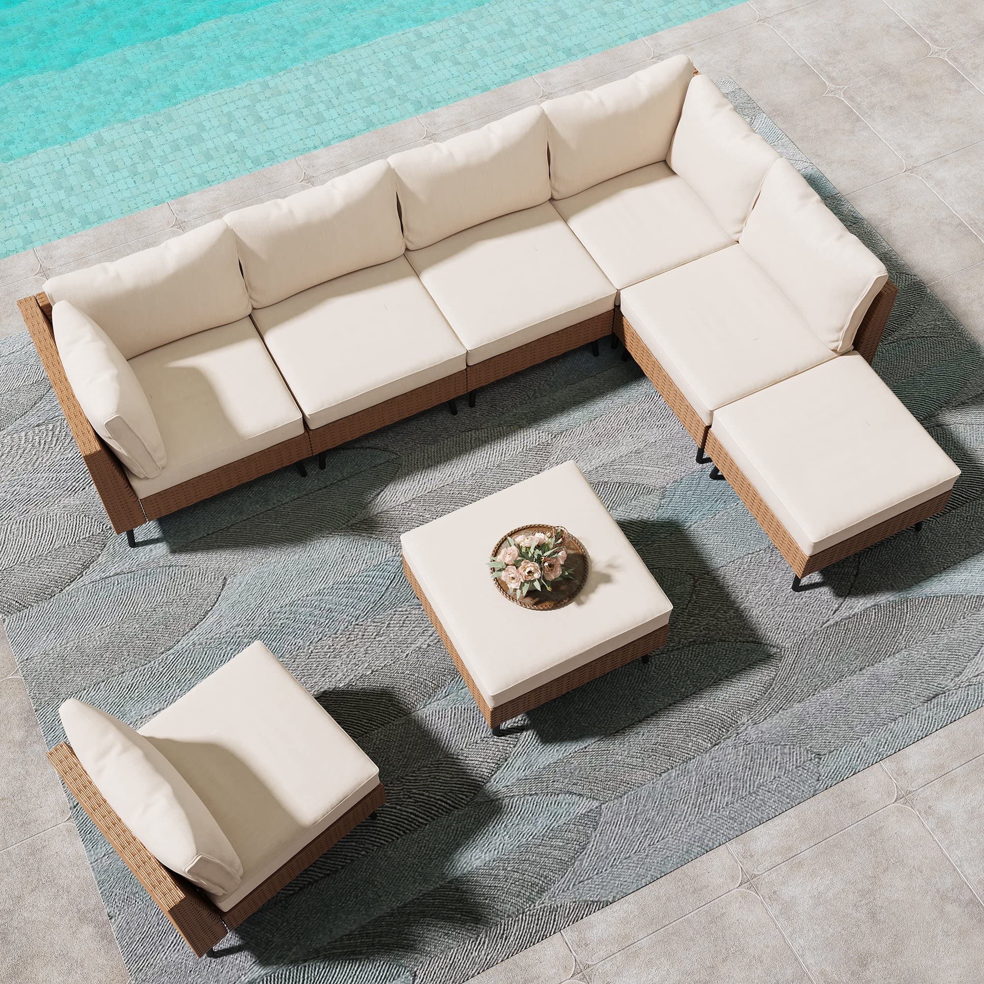 DEVOKO Outdoor 6 pcs Conversation Wicker Sofa Set Sectional Furniture and Ottomans with Cushion for Lawn, Backyard, and Poolside (Beige and Off-White)-image-20