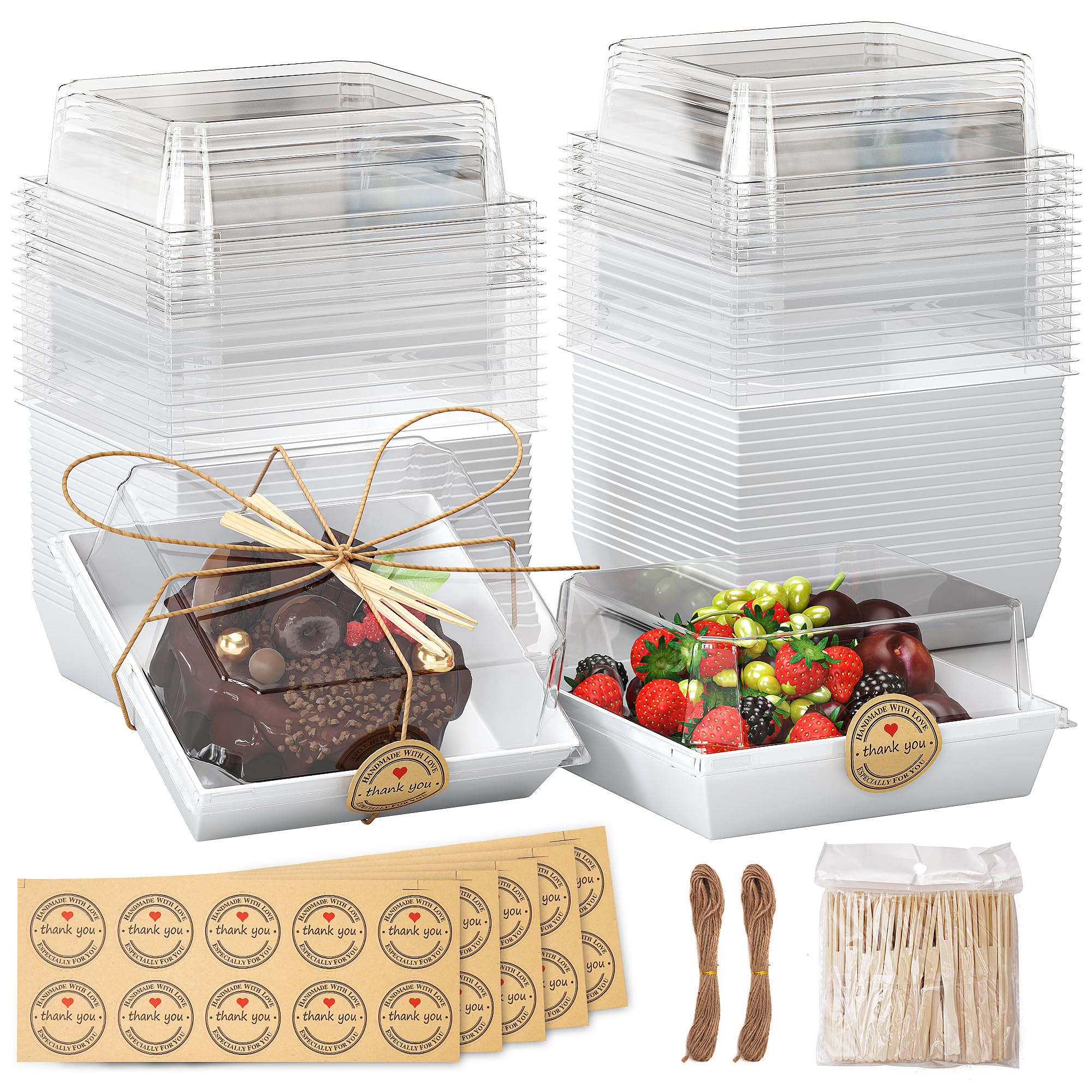 EffiQ-Rate 50 Pcs Cake Slice Boxes for Cake Portions, 13.5 x 12.5 x 6.5 cm Clear Cake Box with Lids and Stickers, White Charcuterie Box with Forks Prep for Cheesecakes, Muffins, Cookies and Sandwiches