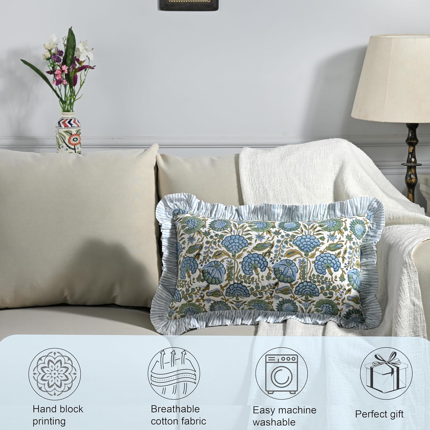 Ridhi Block Print Asparagus Green 20"x12" Set 1-100% Cotton Ruffle Lumbar Sham Cover Boho Floral Pillowcase, Farmhouse Cottagecore Bedding, Soft Decorative Cover Gift for Spring, Easter, Valentine