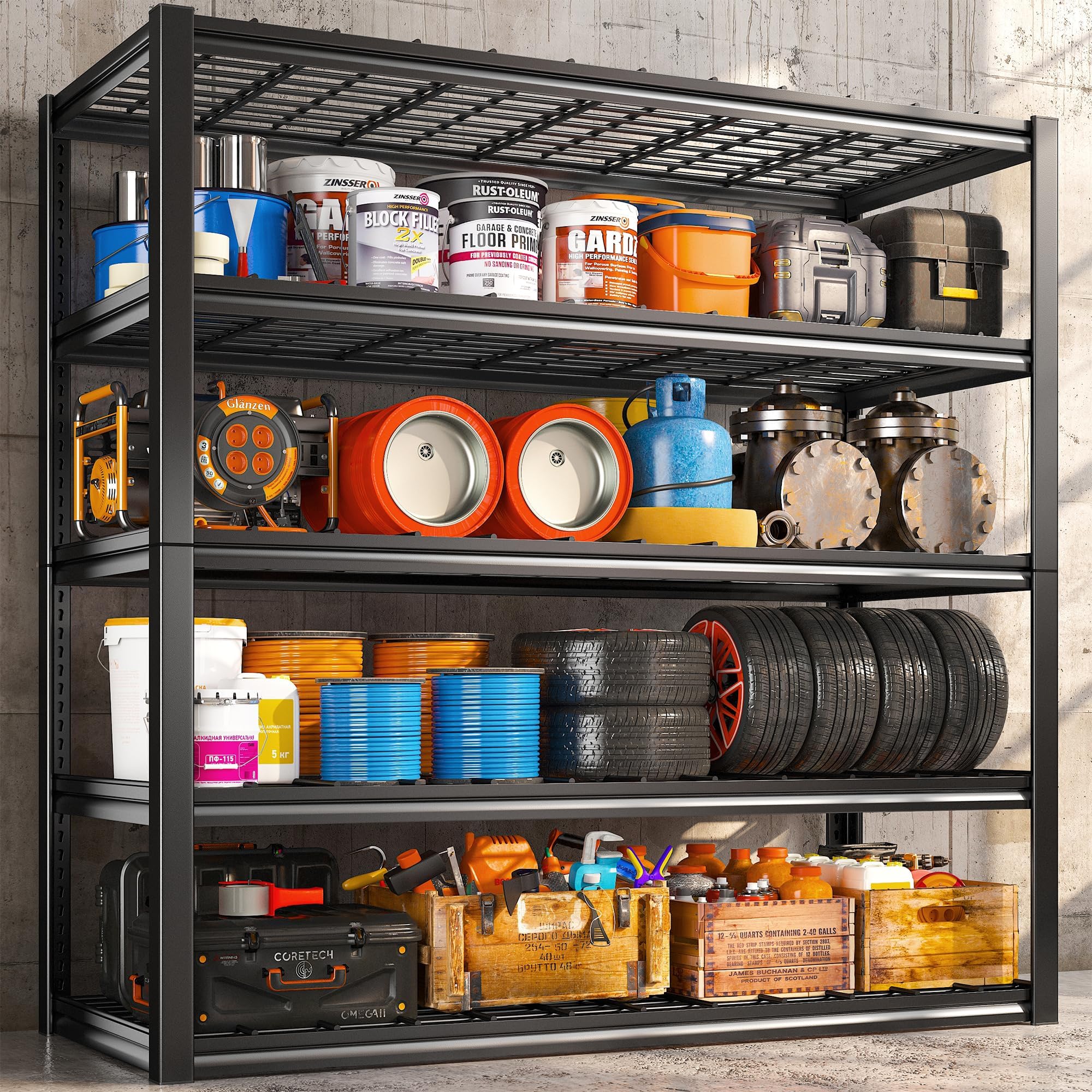 REIBII 48.2''W Garage Shelving Heavy Duty Loads 3010LBS Garage Storage Shelves Heavy Duty Shelving 5 Tier Adjustable Metal Shelving for Storage Rack Industrial Utility Shelf 48.2''W X72''HX 24.5''D