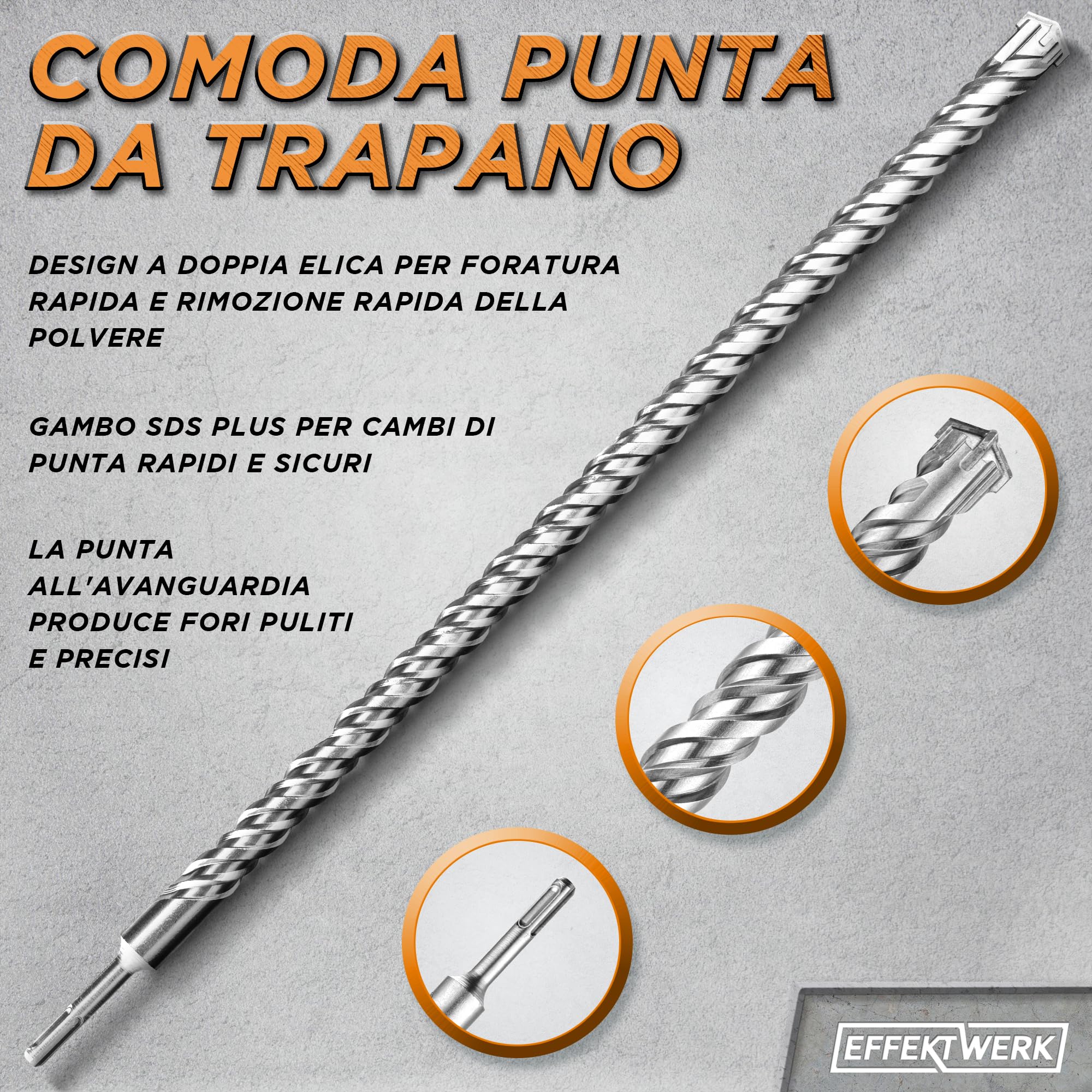 Punta da trapano SDS Plus da 600 mm, testa con punta in tungsteno con bordi a taglio trasversale per muratura in calcestruzzo, mattoni e pietra