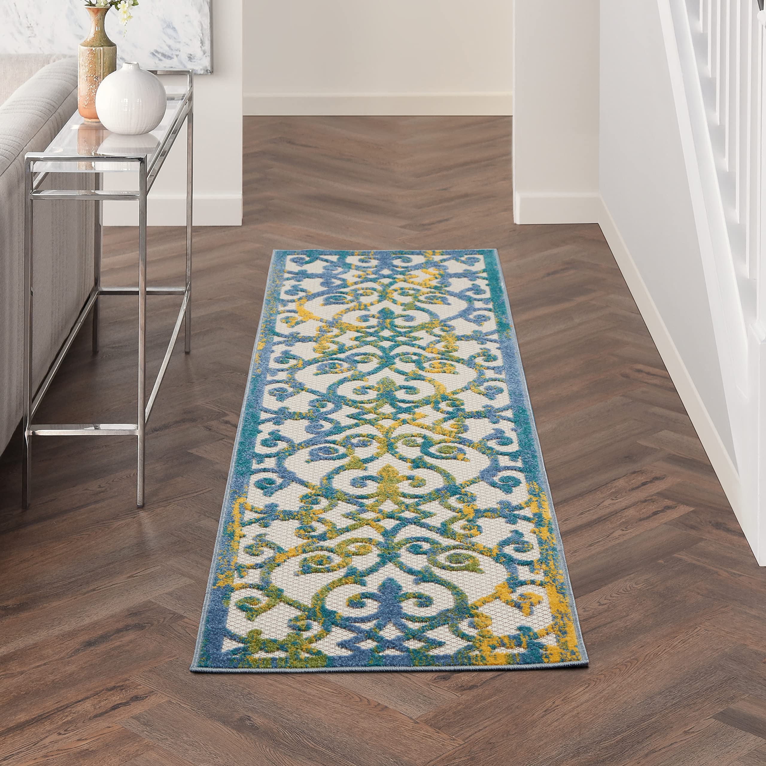 Nourison Aloha Tappeto Indoor Outdoor Blu Avorio | Tessuto Piatto In Polipropilene 7,6x20,3 Cm (2,3x20)
