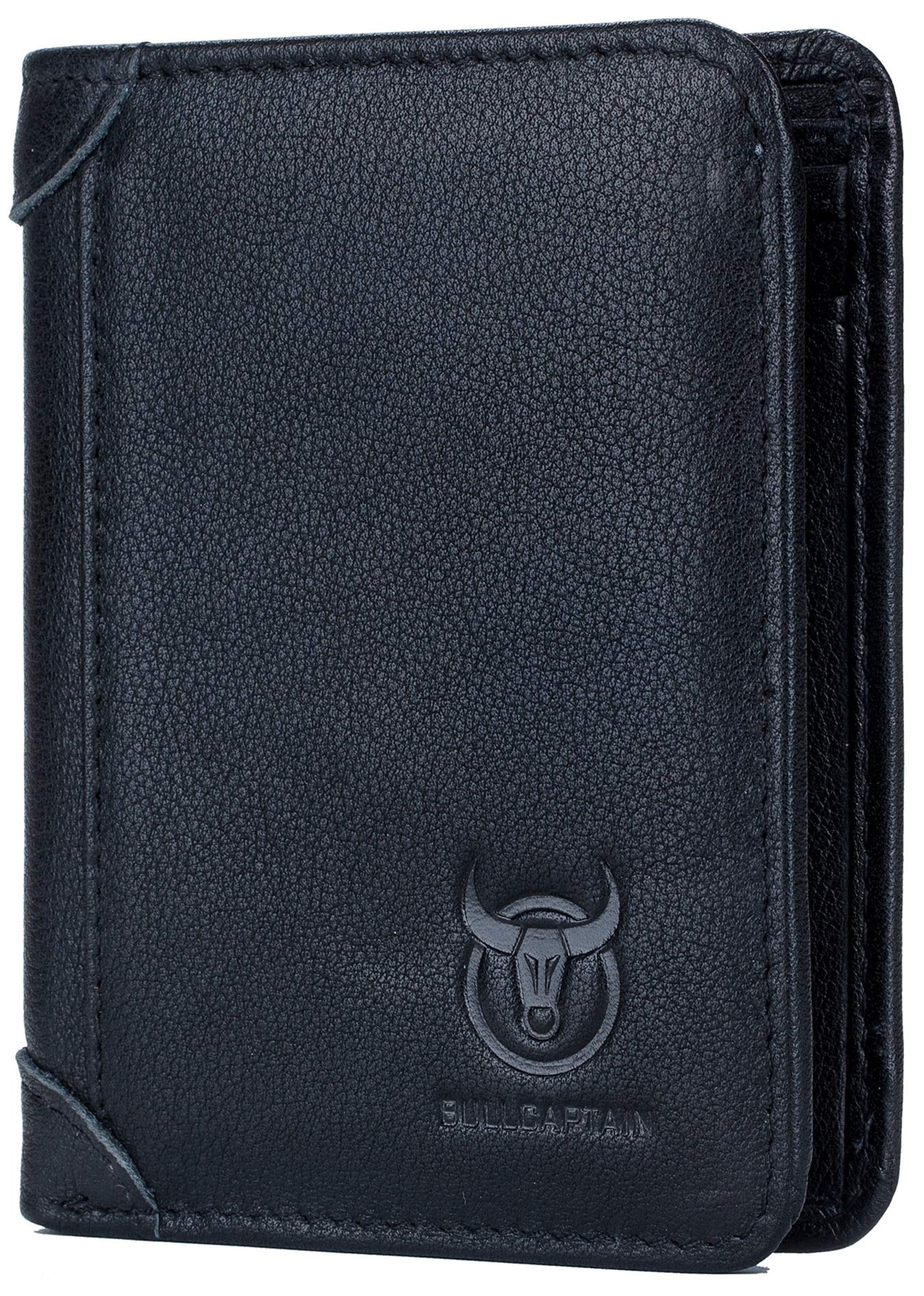 BULLCAPTAIN Genuine Leather Bifold Men Wallet RFID Blocking Credit Card Holder Minimalist Wallet with 2 ID Window (Black)